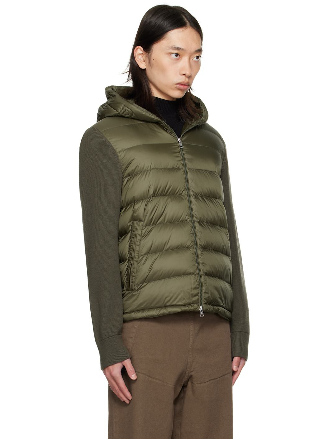 Khaki Padded Wool Zip-Up Down Hoodie - 2