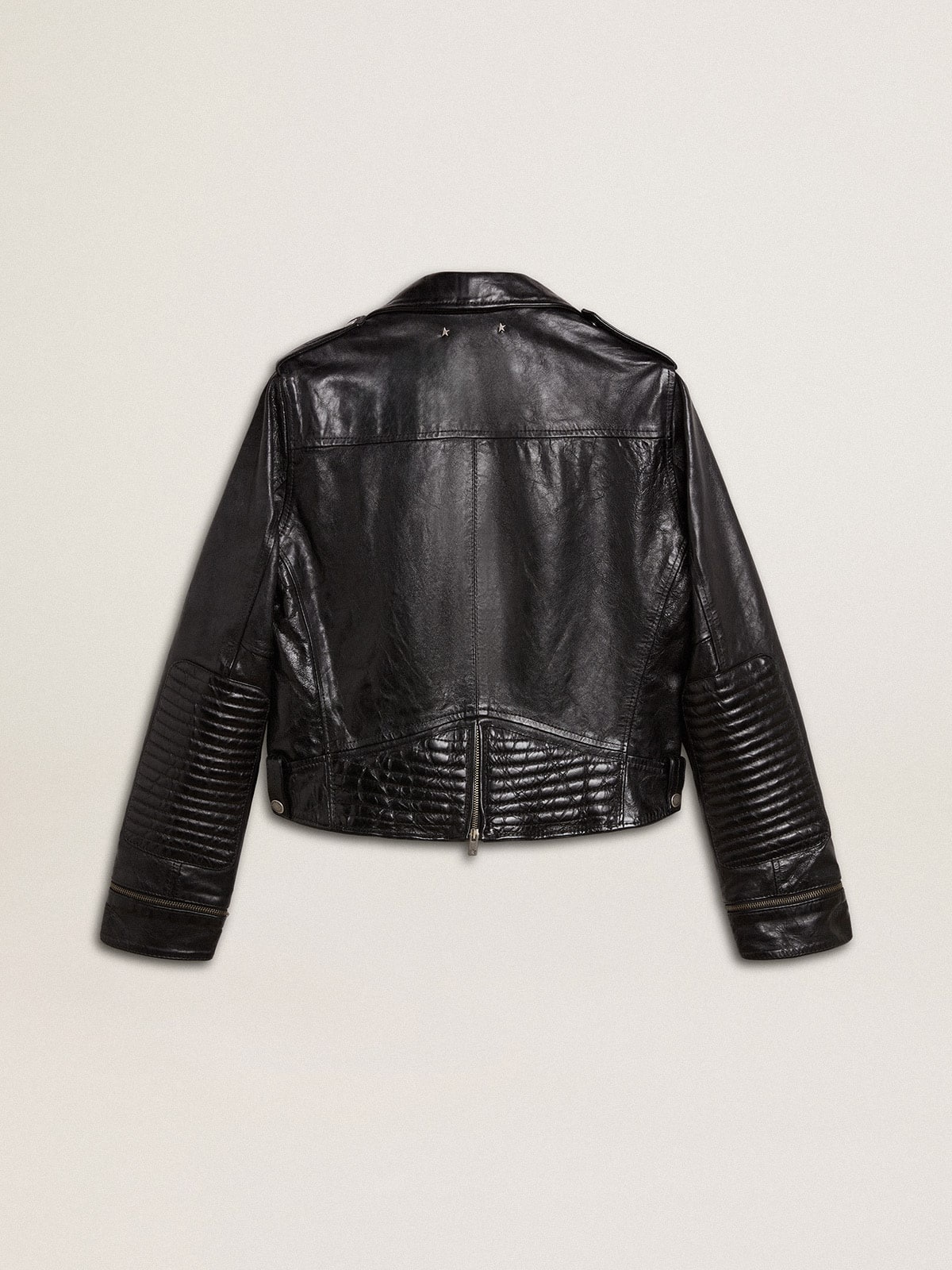 Women's black leather biker jacket with glossy effect - 8