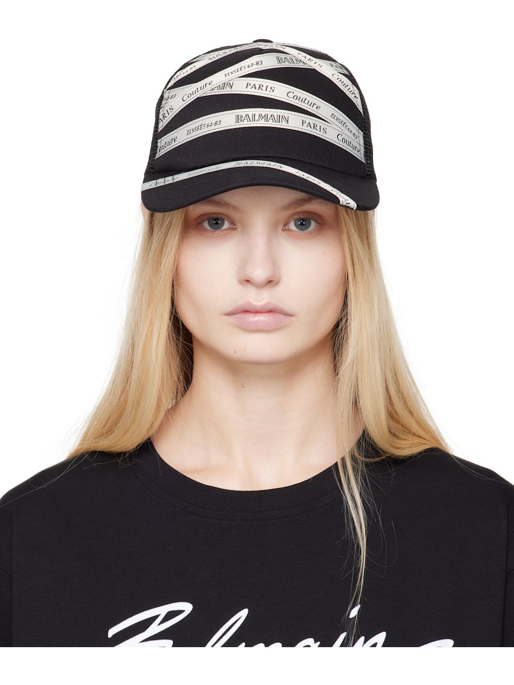 Black Cotton Ribbon Motif Cap - 1