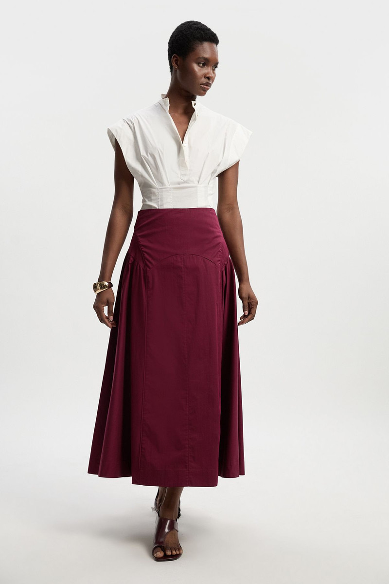 Pleated Detail Cotton Woven Maxi Skirt 1