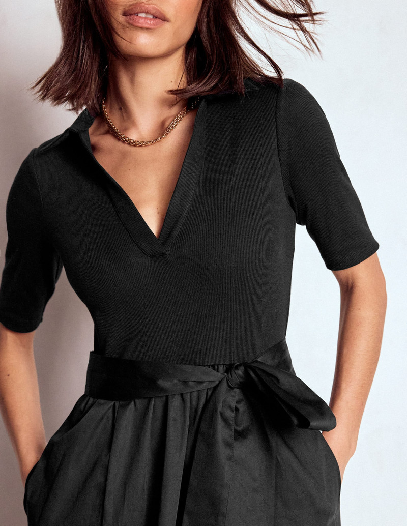 Collar Detail Mix Midi Dress-Black 4