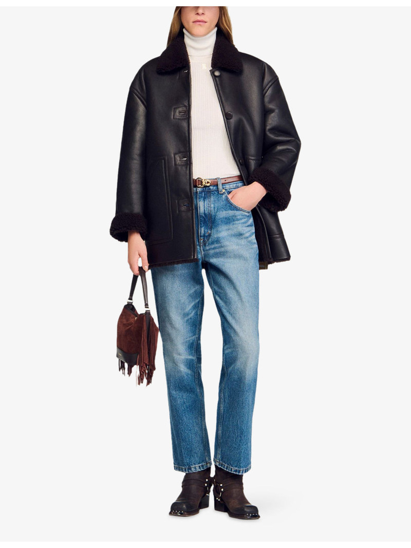 Sandro Patch-Pocket Boxy-Fit Shearling Coat outlook