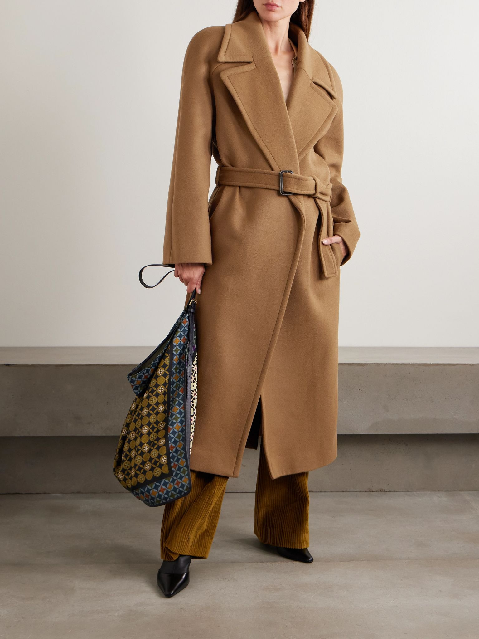 Double-breasted belted wool coat Tan - 2