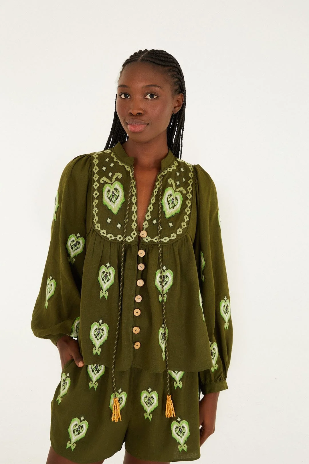 Green Embroidered Puff Sleeve Lenzing™ Ecovero™ Euroflax™ Blouse - 1