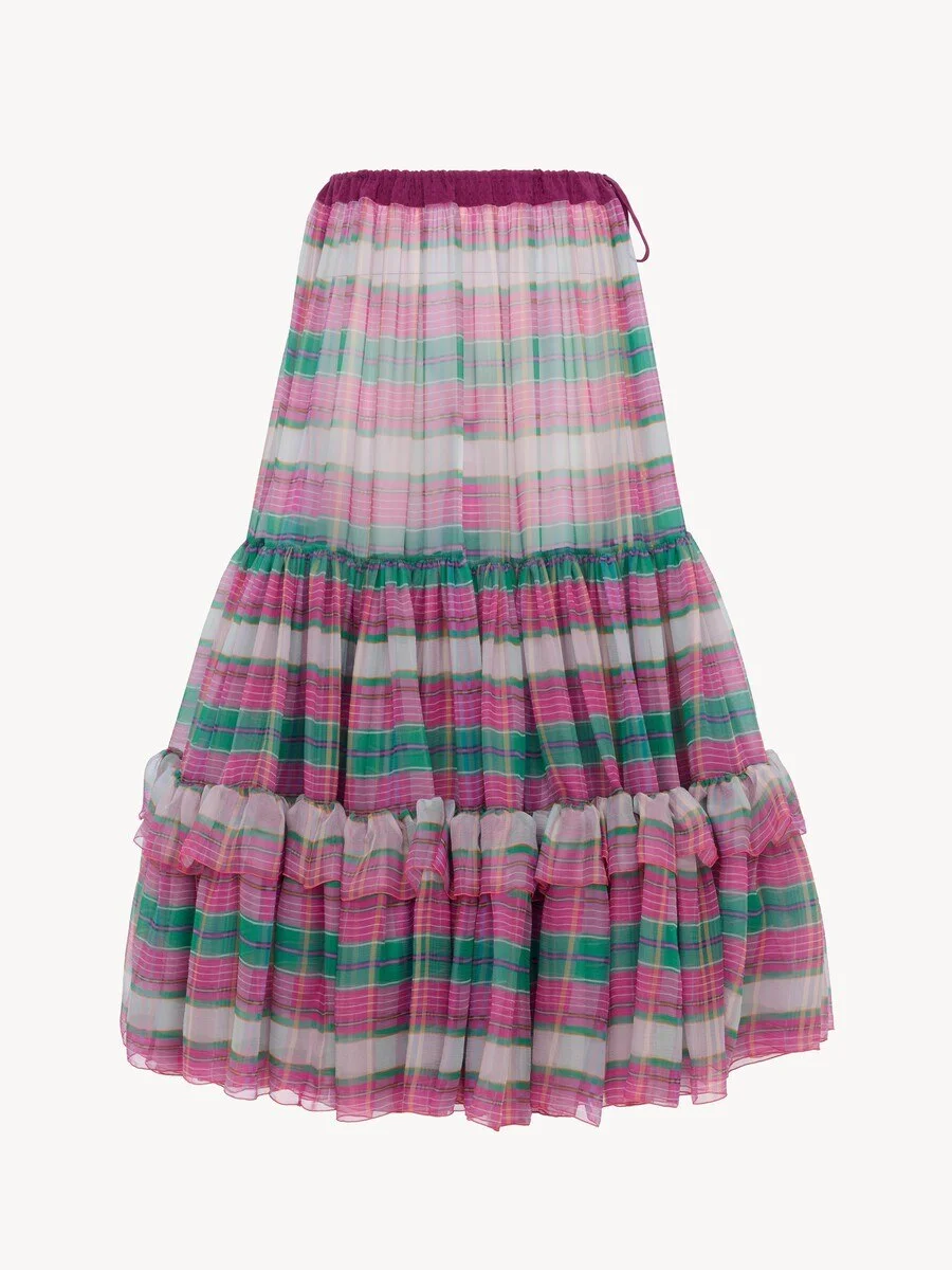RUFFLED LONG SKIRT IN CHECK SILK MOUSSELINE - 1