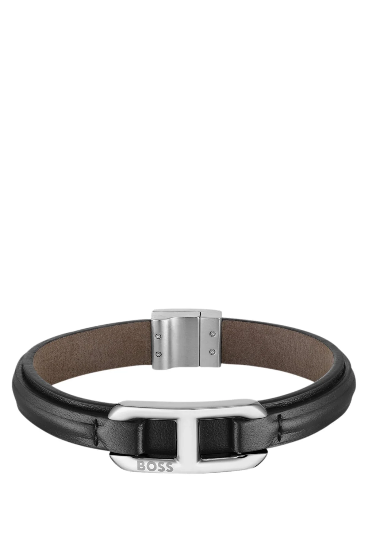 BROWN-LEATHER CUFF WITH BRANDED METALLIC LINK - 1