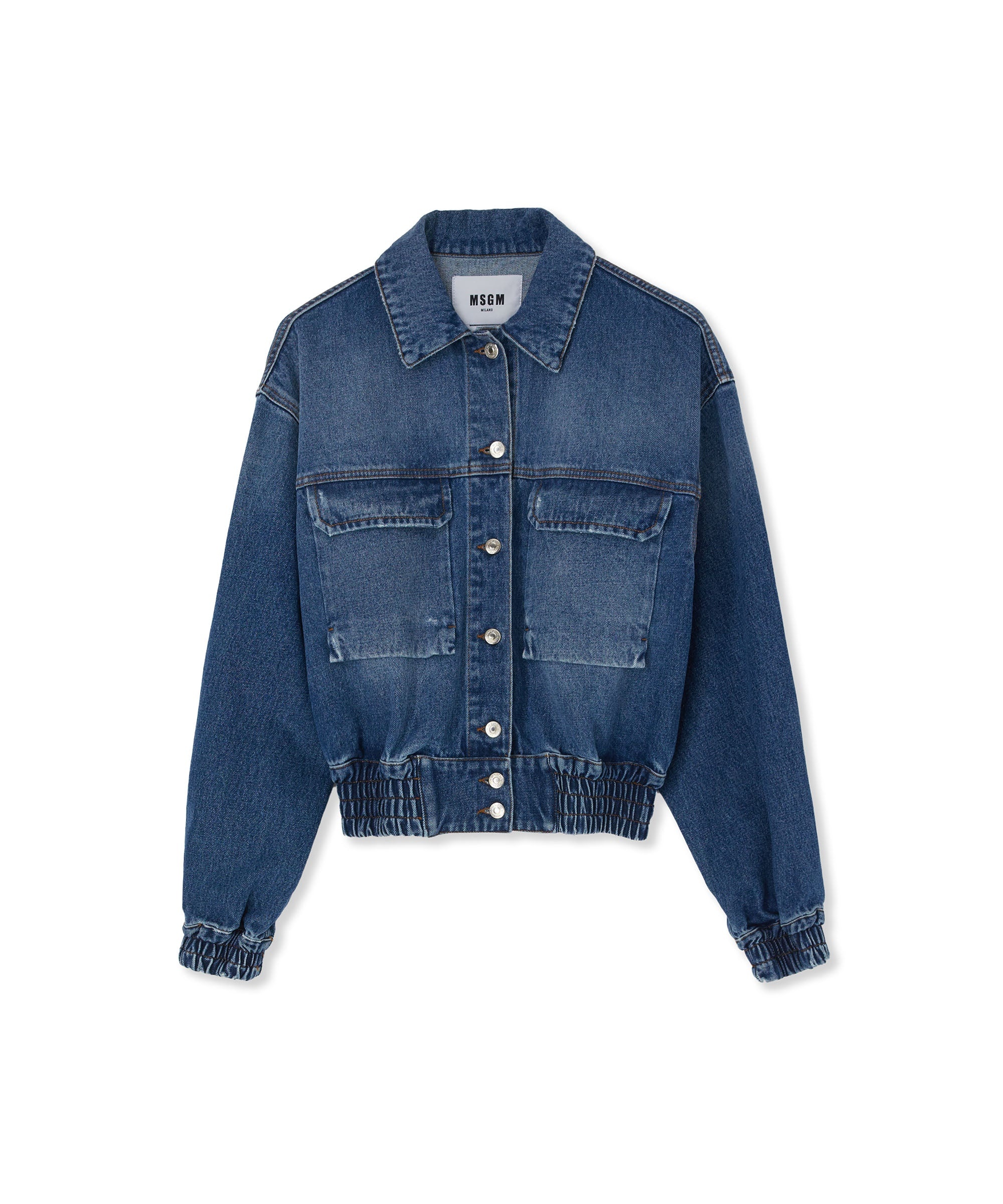 Blue denim pocketed crop jacket - 1