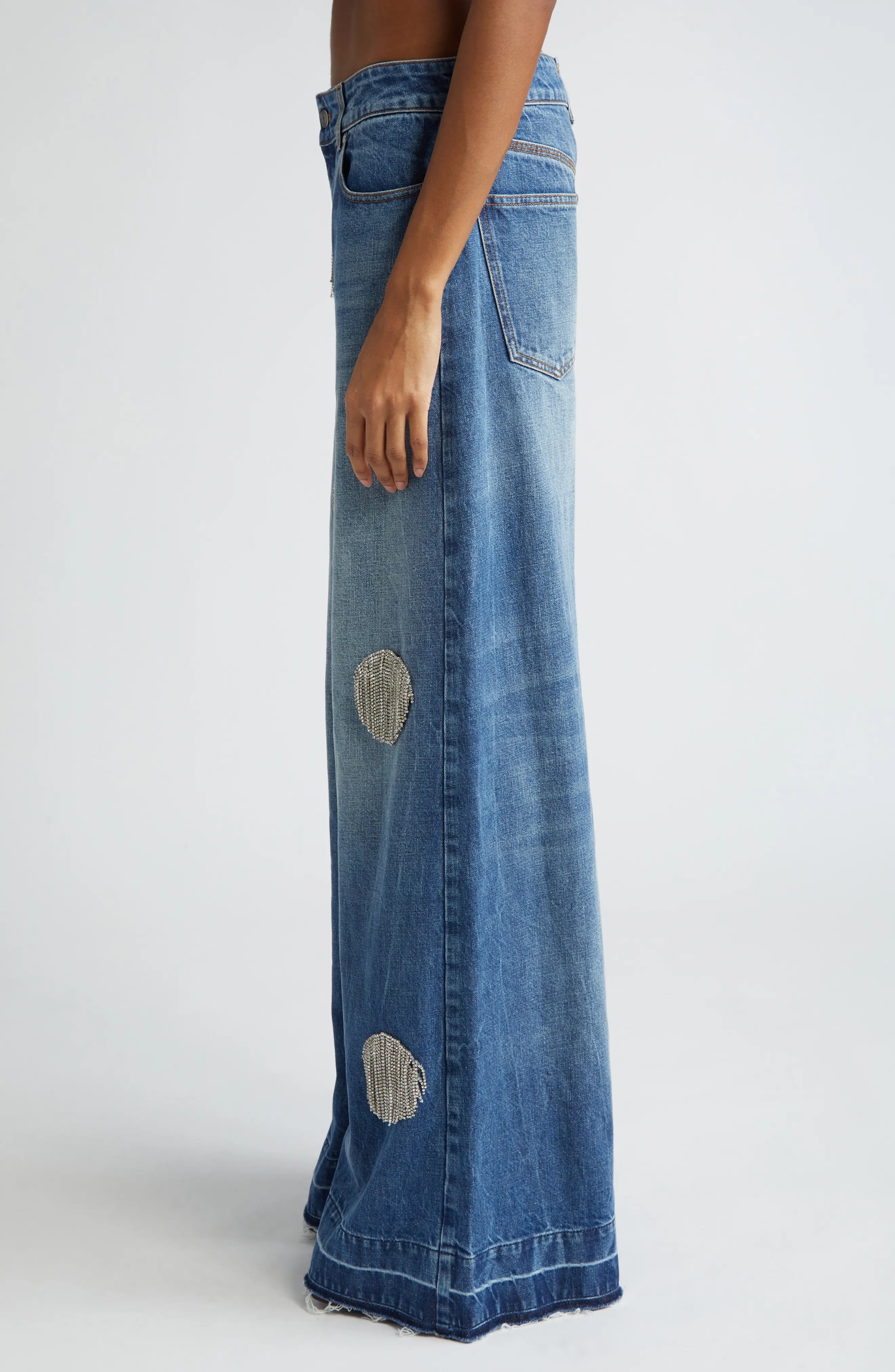 Crystal Fringe Dot Release Hem Flare Jeans - 4