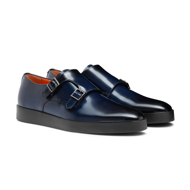 Santoni Men’s blue shiny leather double-buckle shoe outlook