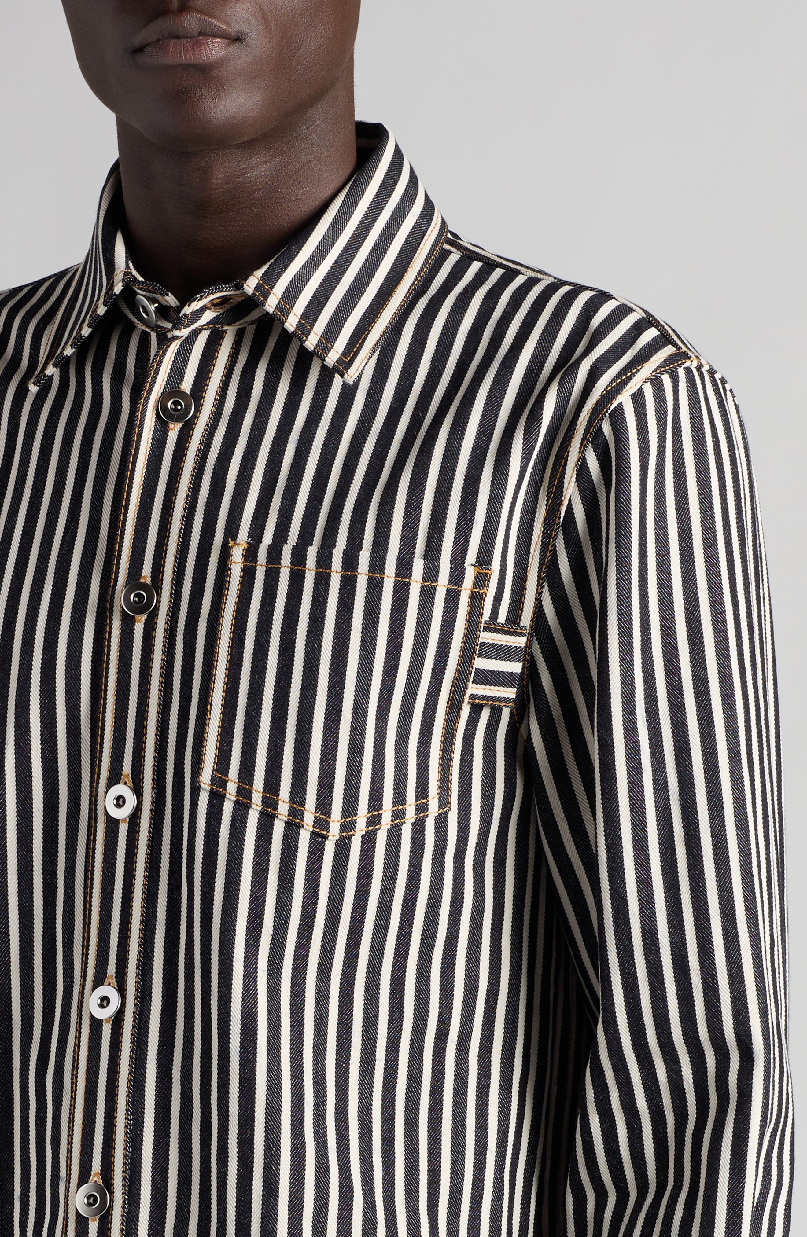 Bottega Veneta Regular Fit Engineer Stripe Cotton Drill Button-Up Shirt in 4037 Navy/Ecru at Nordstr - 5