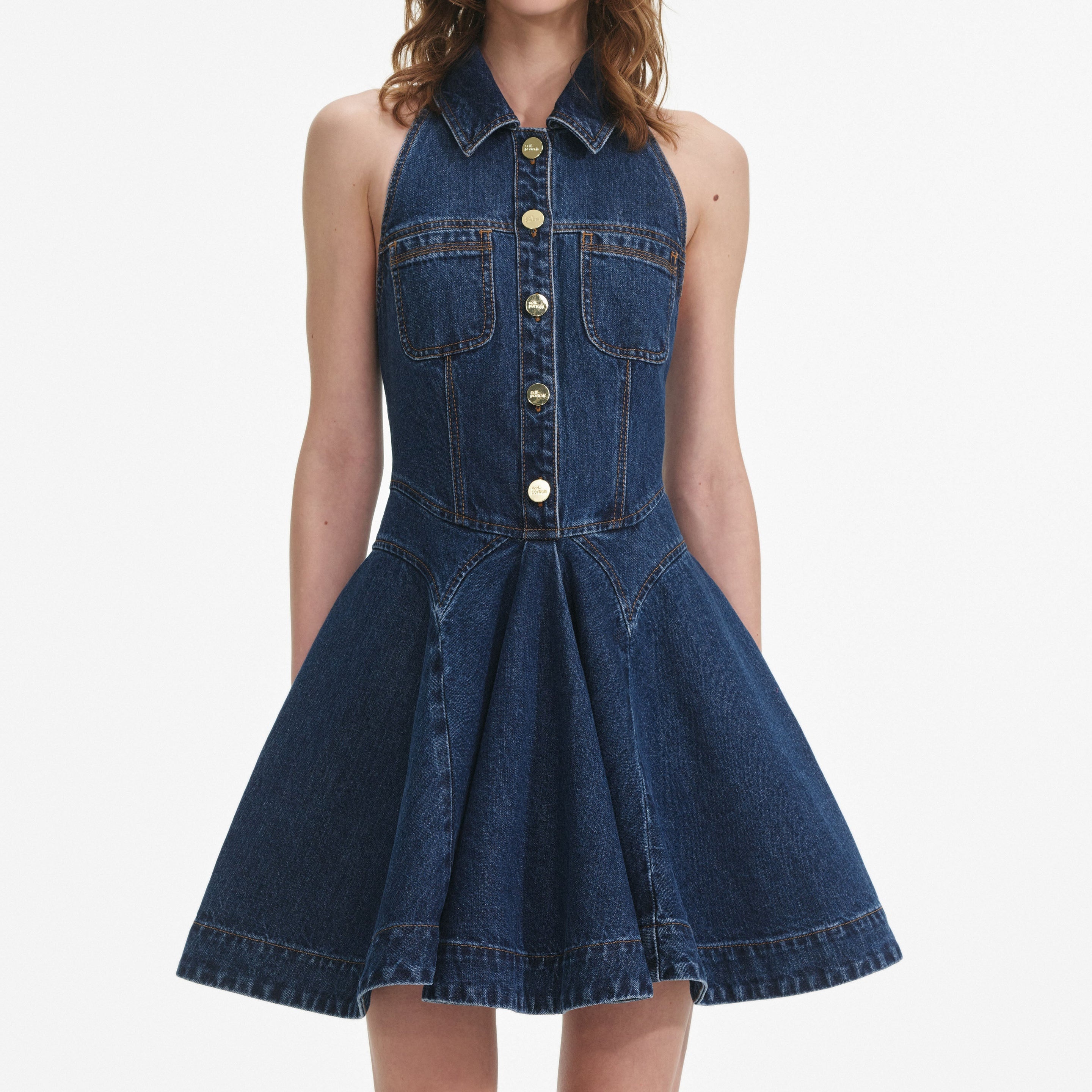 Denim Sleeveless Flared Mini Dress - 4