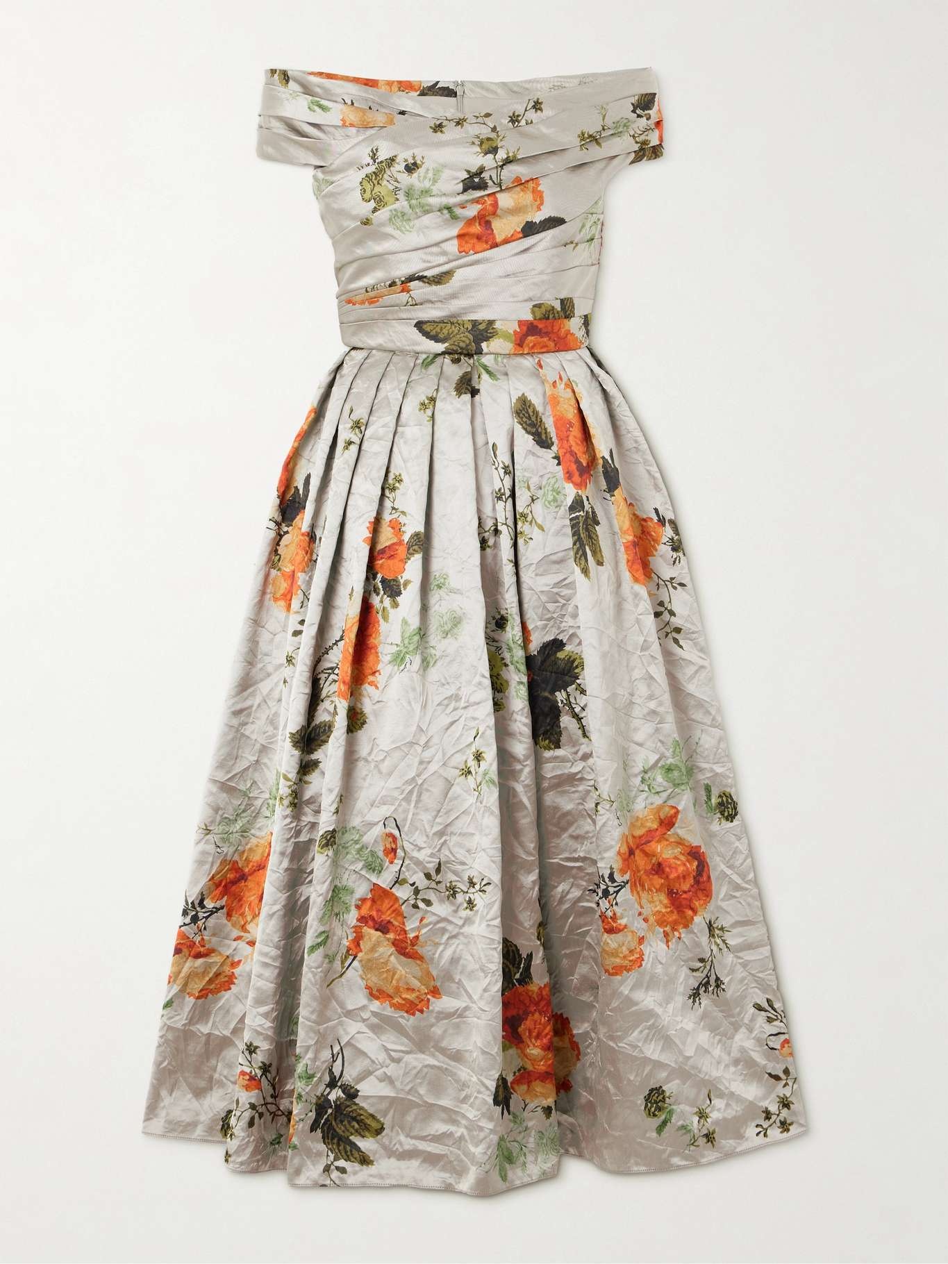 Off-the-shoulder floral-print metallic crinkled-satin midi dress - 1