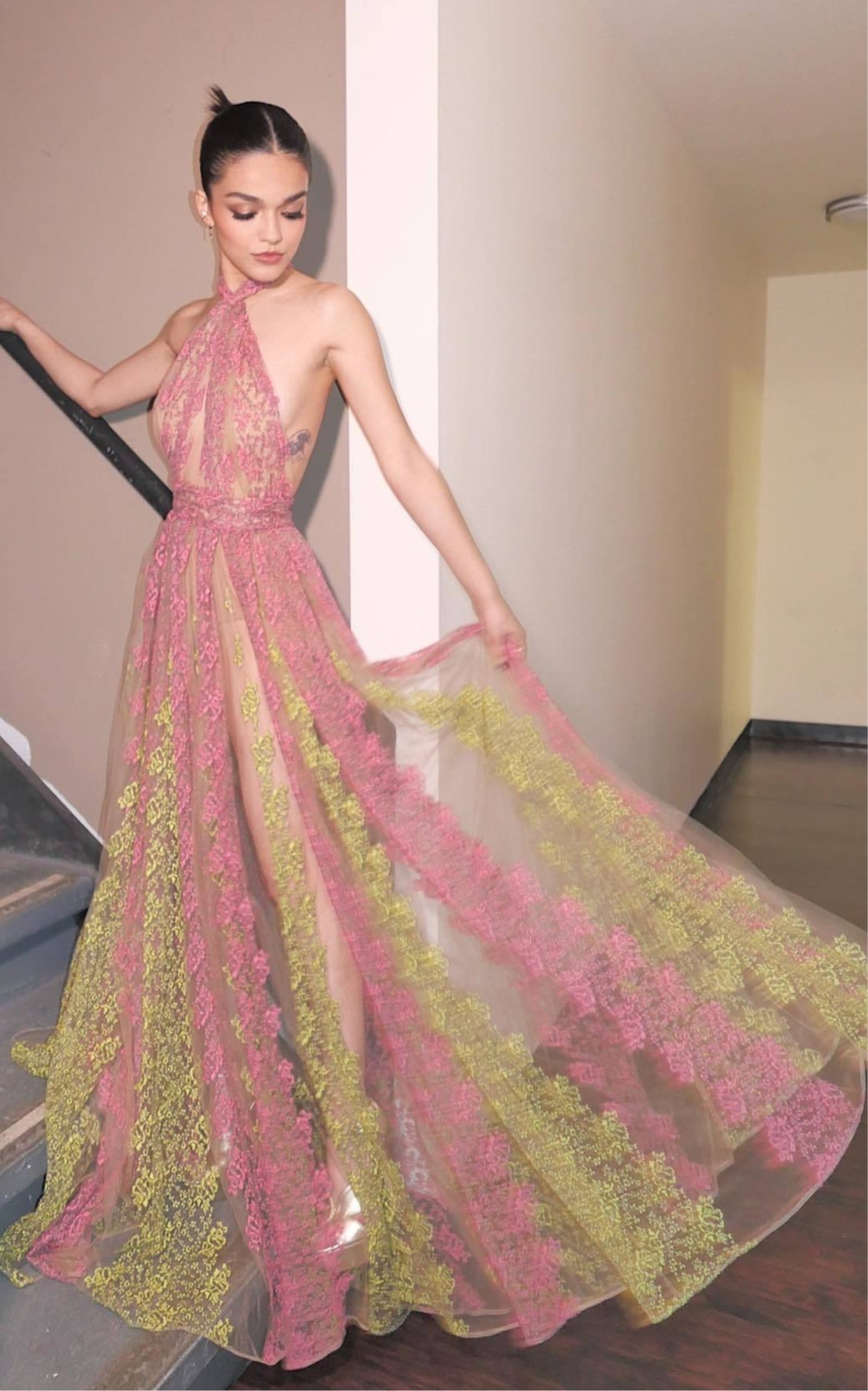 Floral Embroidery Tulle Floral Gown - 8