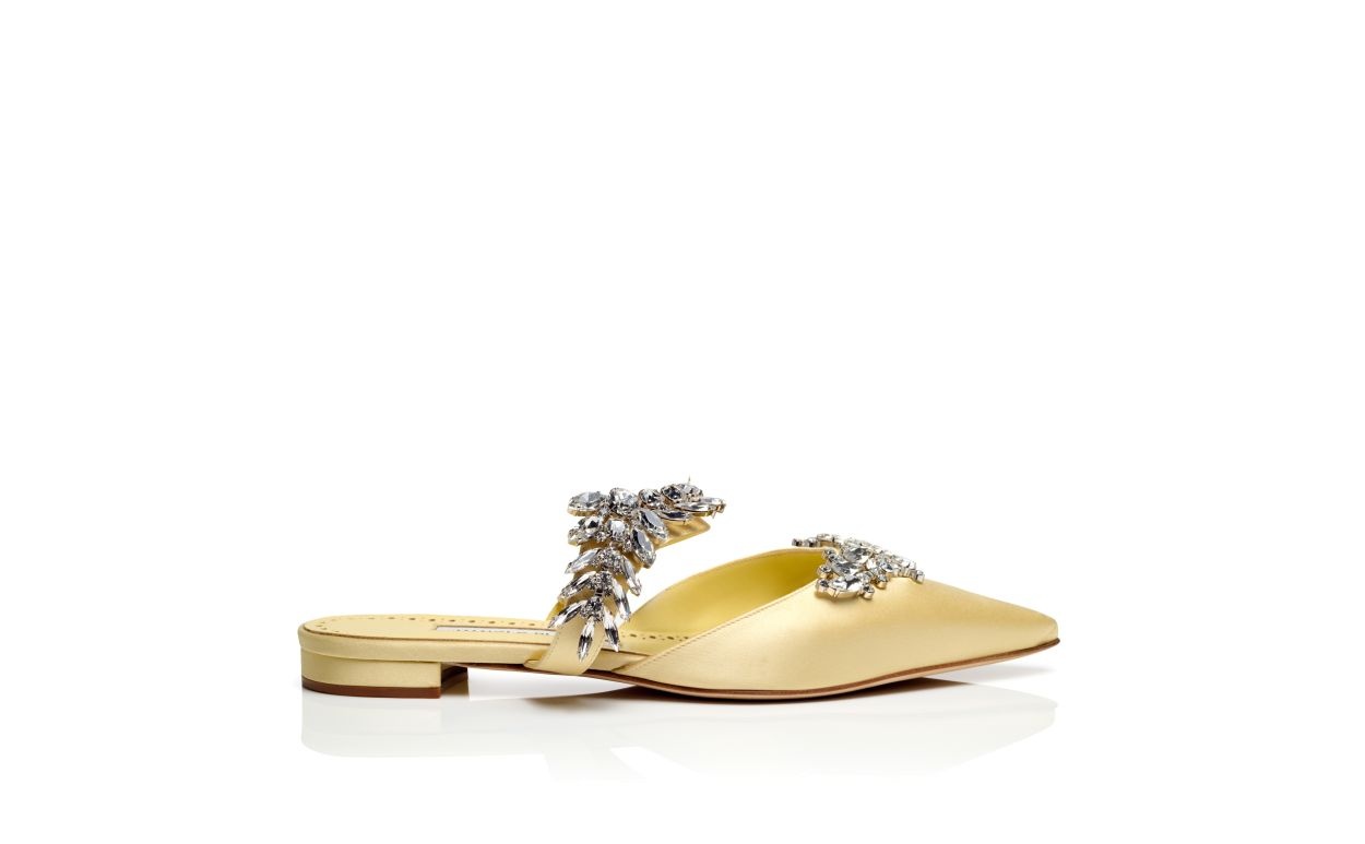 Cream Satin Crystal Embellished Flat Mules - 1