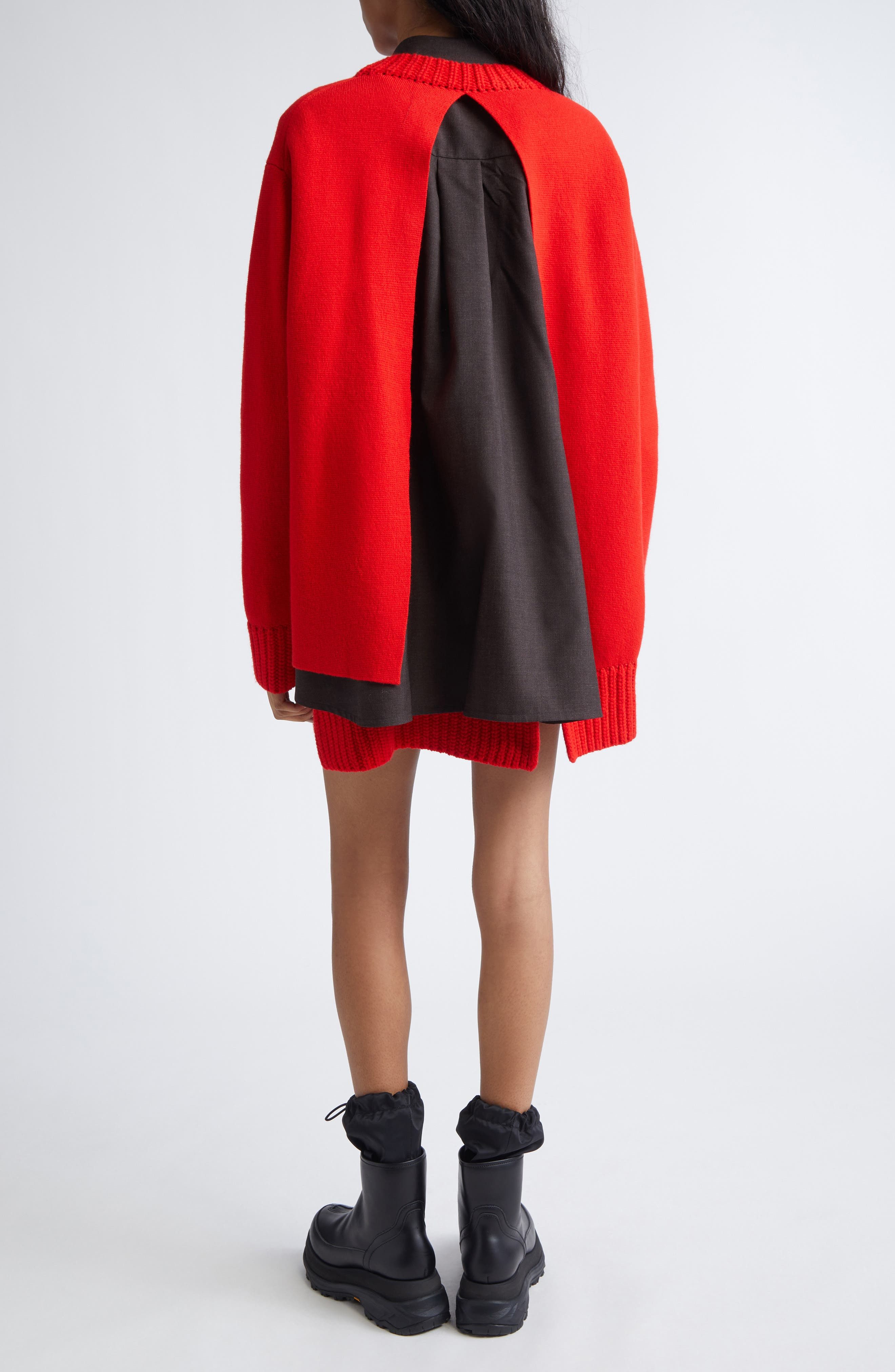 Sacai Mixed Media Long Sleeve Wool Suiting & Knit Sweater Dress in Red/Brown at Nordstrom - 2