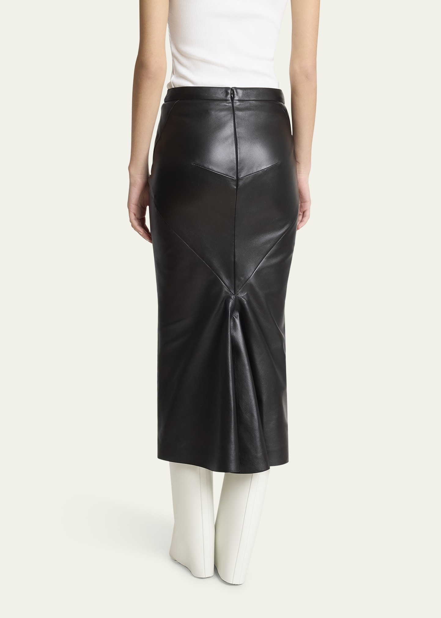 Leather Godet-Back Midi Pencil Skirt - 3