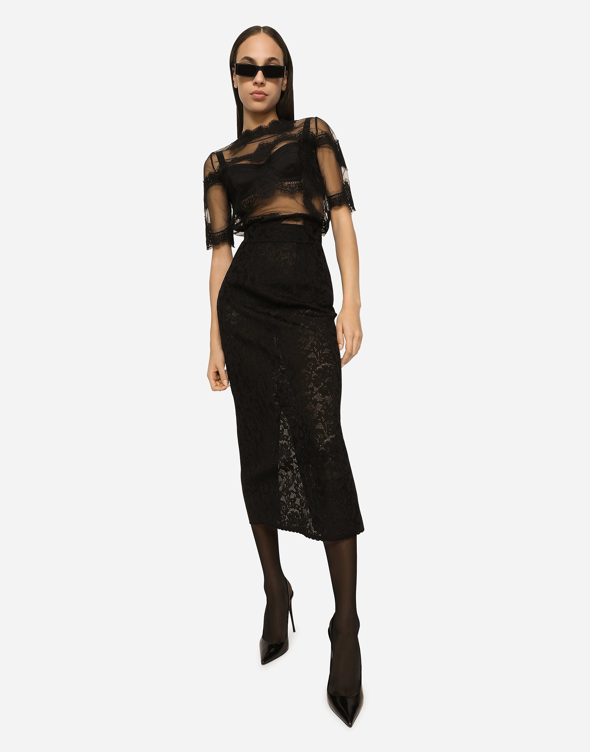 Lace-stitch calf-length skirt - 2
