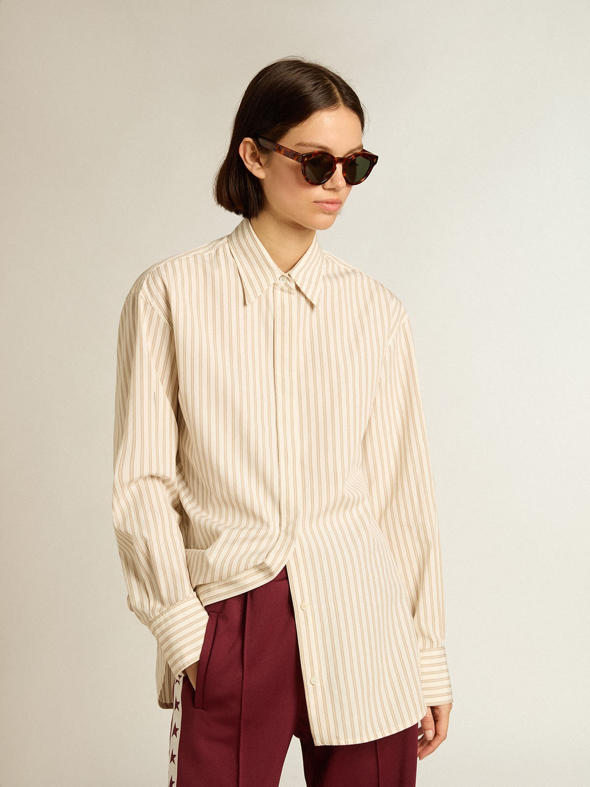 Women’s white cotton shirt with beige stripes - 2
