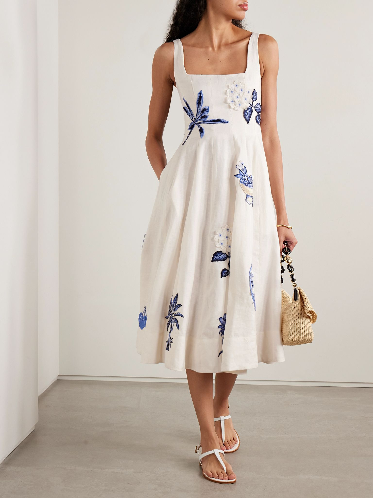 Frontera appliquéd linen midi dress Cream - 2