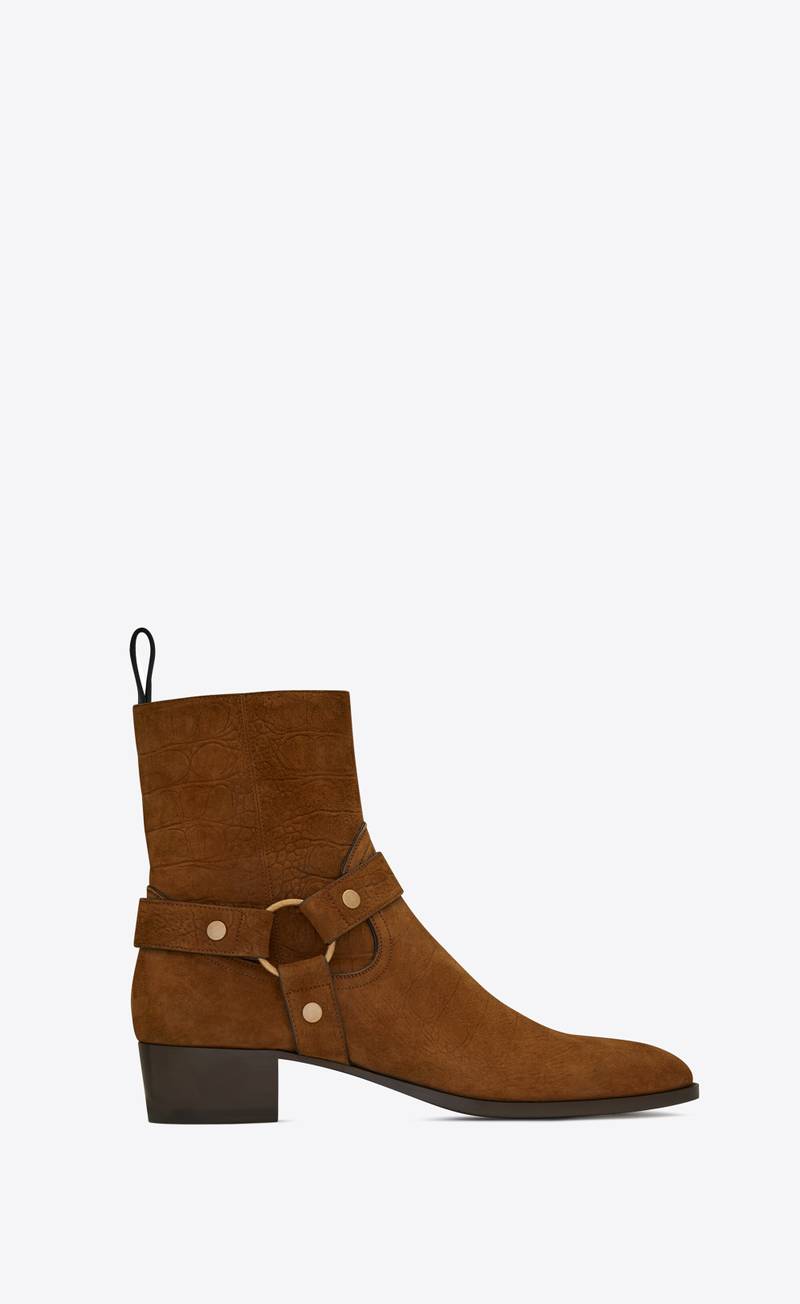 wyatt harness boots in crocodile-embossed suede 1