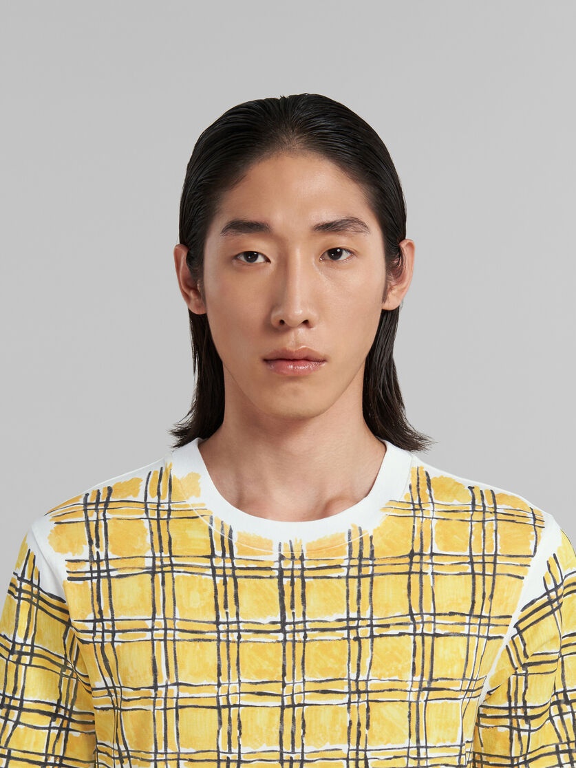 YELLOW BIO COTTON T-SHIRT WITH IRREGULAR CHECKED PRINT - 4