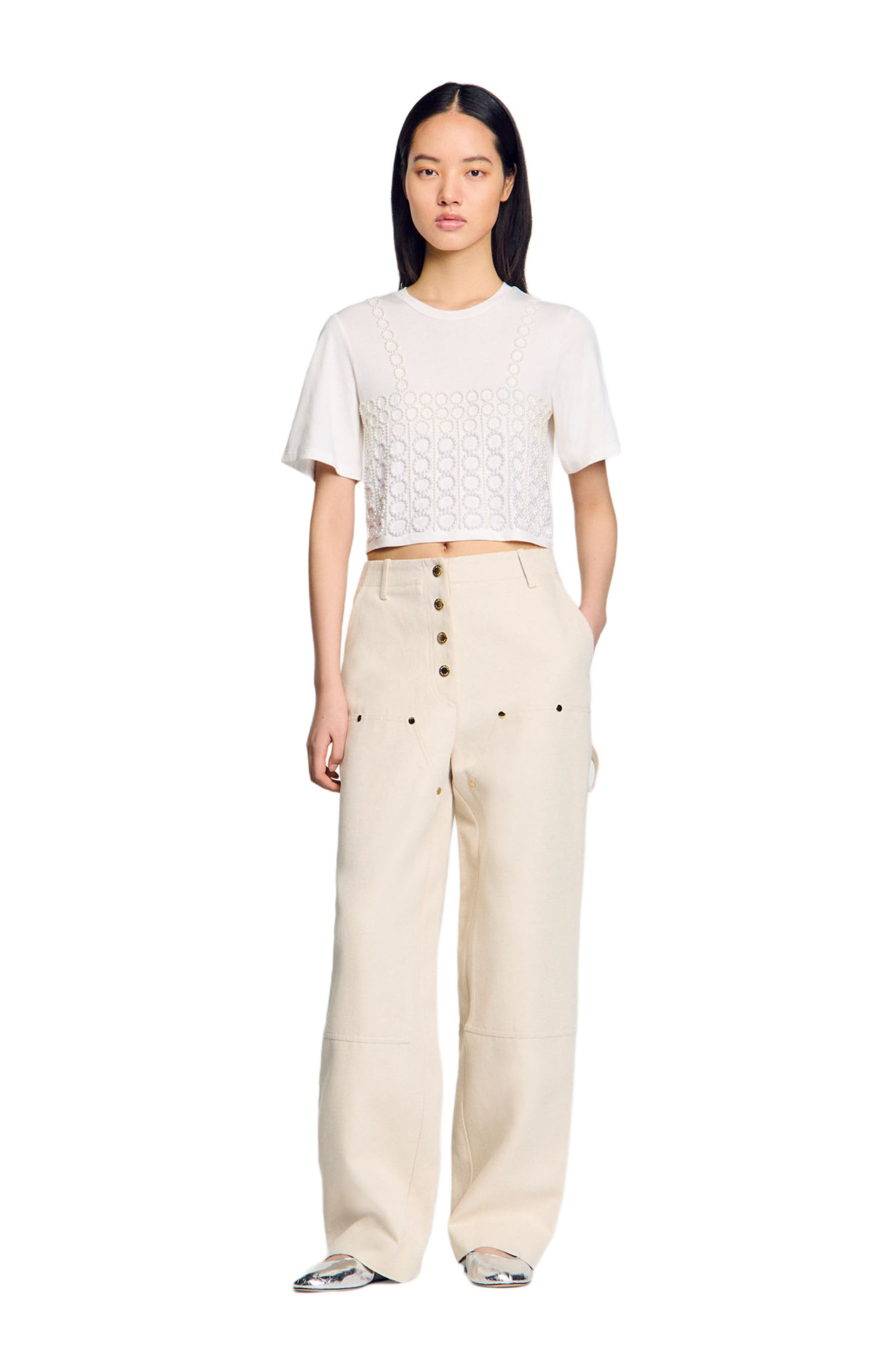 SANDRO Beaded cropped T-shirt in White at Nordstrom - 6