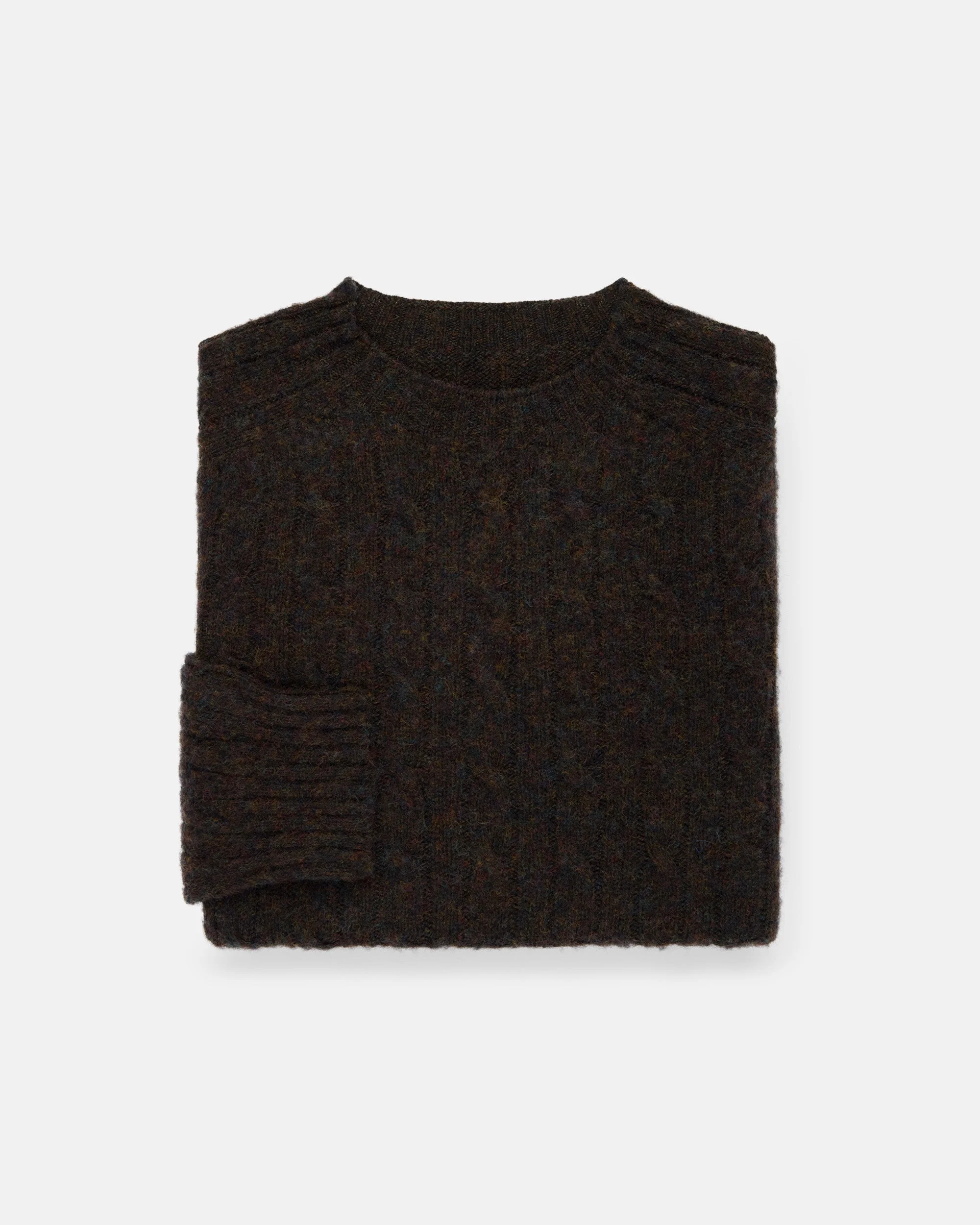 MADE-IN-SCOTLAND DARK BROWN SHAGGY DOG CABLE KNIT SWEATER - CLASSIC FIT - 1
