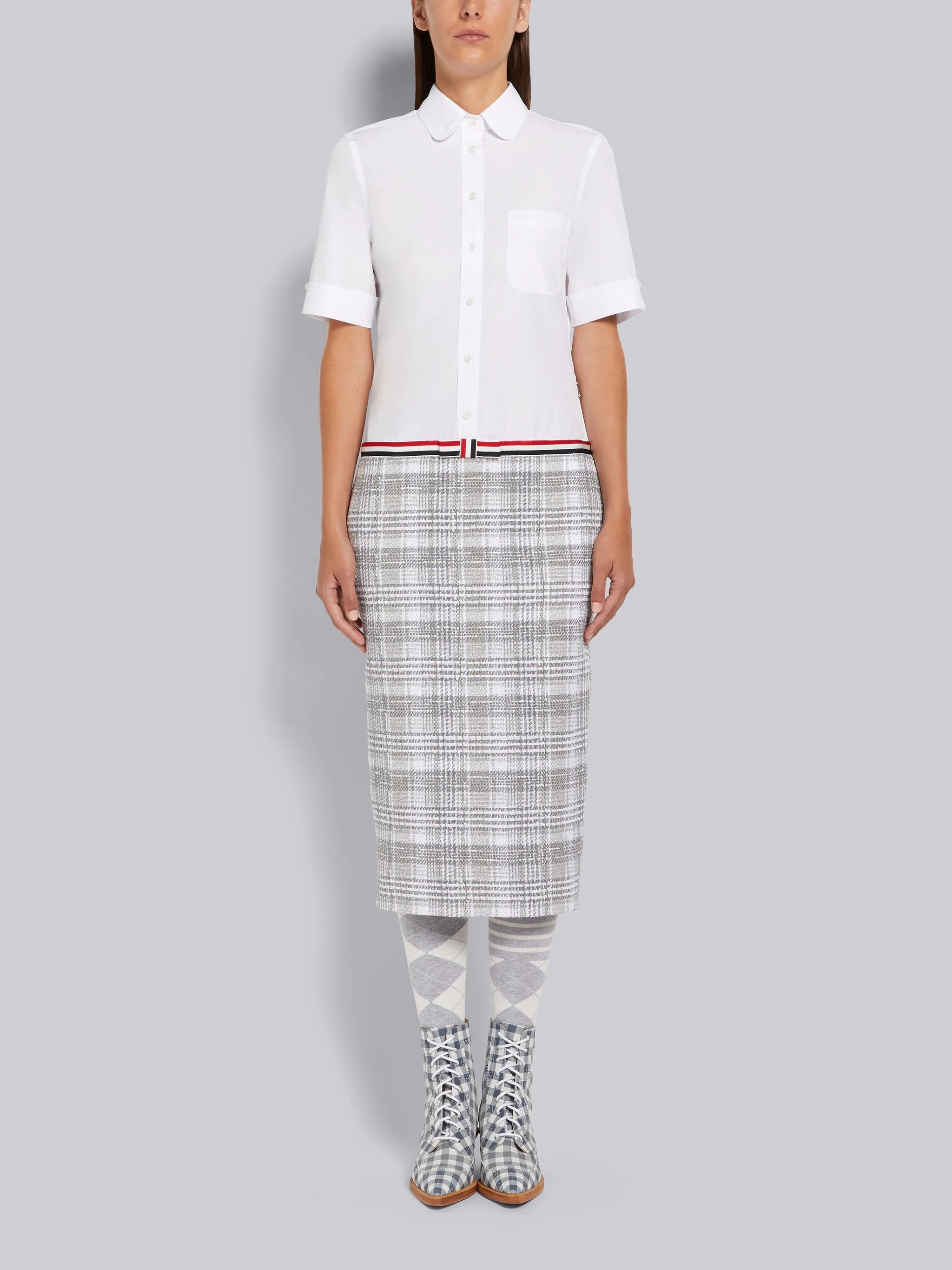 Medium Grey Hairline Madras Check Ribbon Tweed Pencil Skirt Short Sleeve Below the Knee Shirtdress - 1