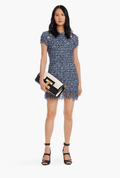 Balmain Short blue tweed dress with fringe outlook