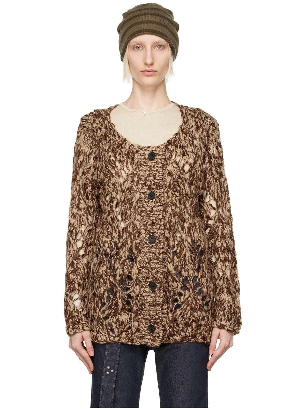 Brown Argyle Pointelle Cardigan - 1