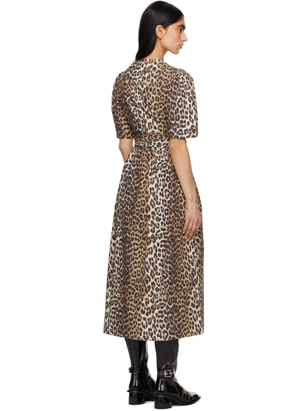 Beige & Brown Leopard Printed Cotton Tie Strap Midi Dress - 3