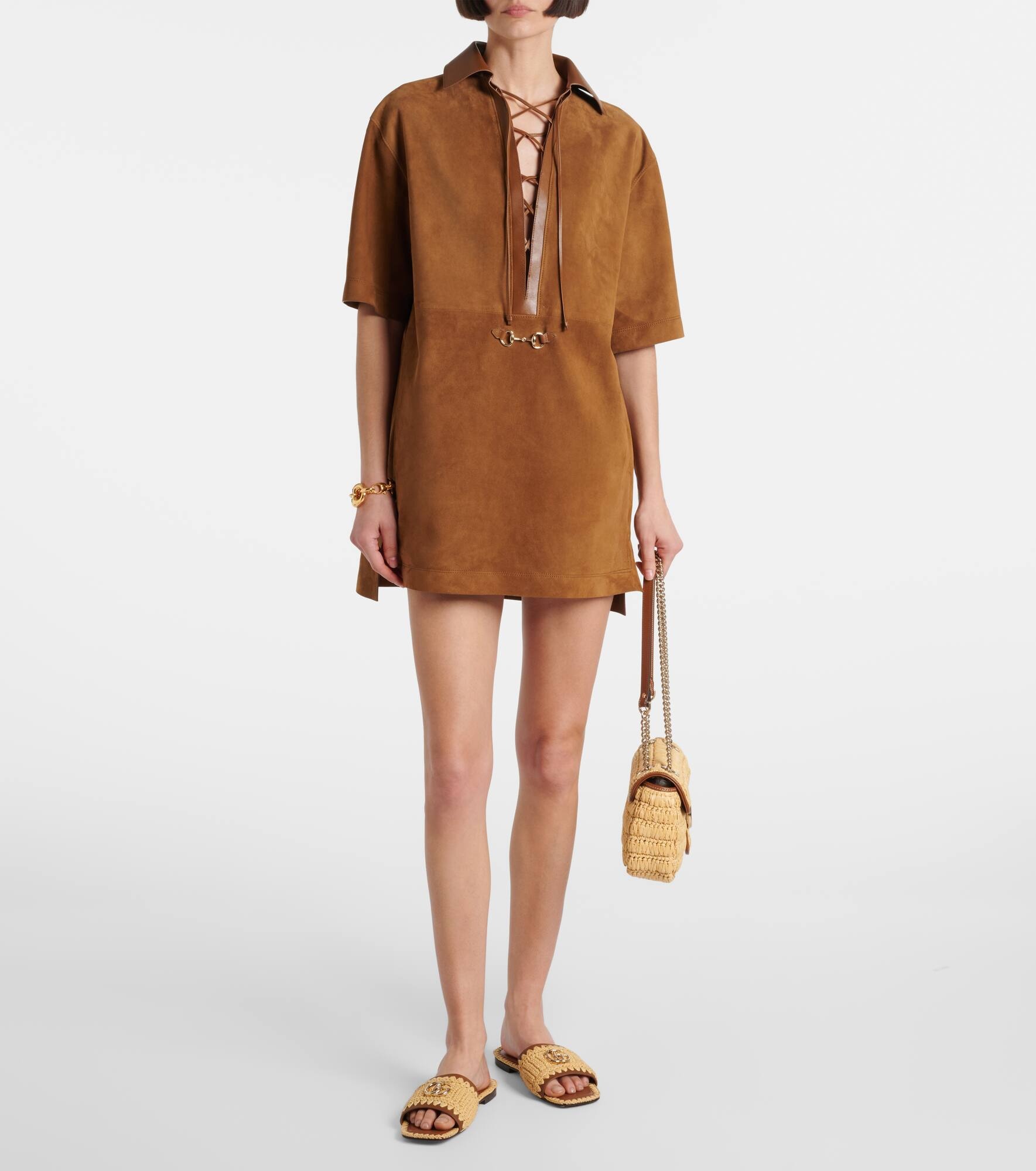 Horsebit leather-trimmed suede minidress - 2
