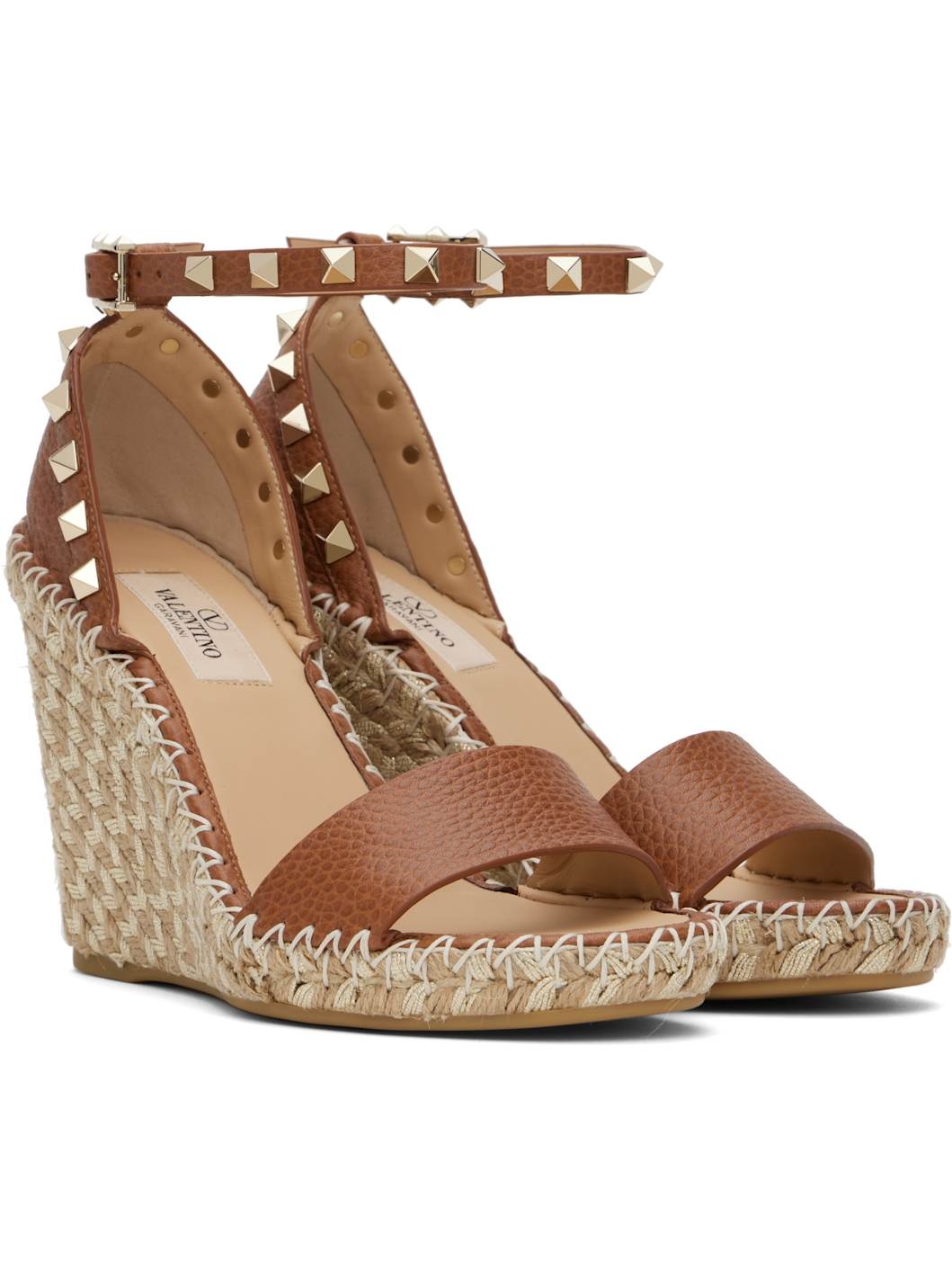 Brown Double Rockstud Grainy Calfskin Heeled Sandals - 4