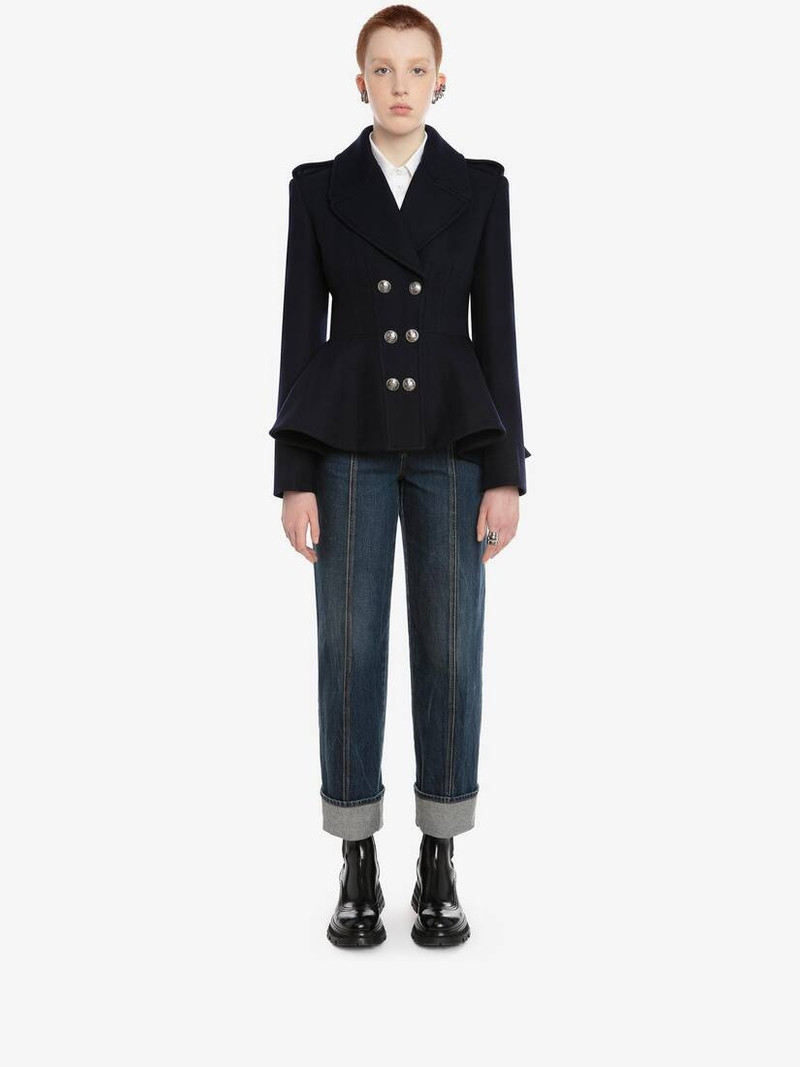 Alexander McQueen Peplum Harringbone Peacoat in Navy outlook