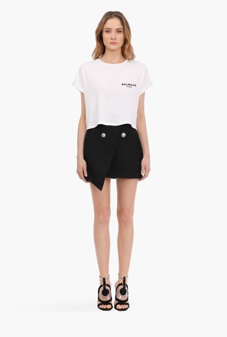 Cropped white cotton T-shirt with flocked black Balmain logo - 4