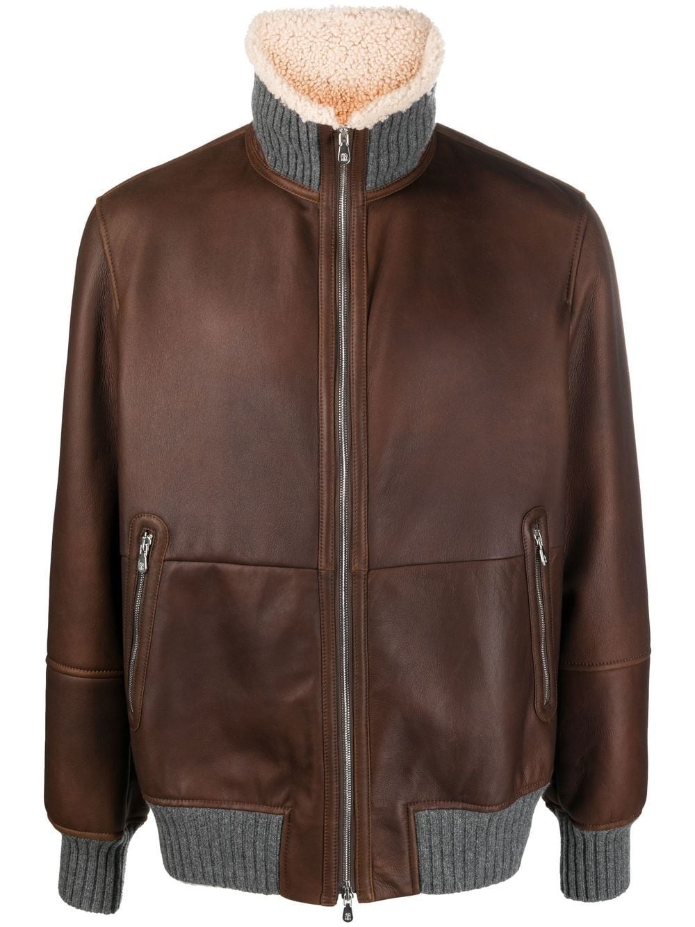 sheepskin-collar zip-up leather jacket - 1