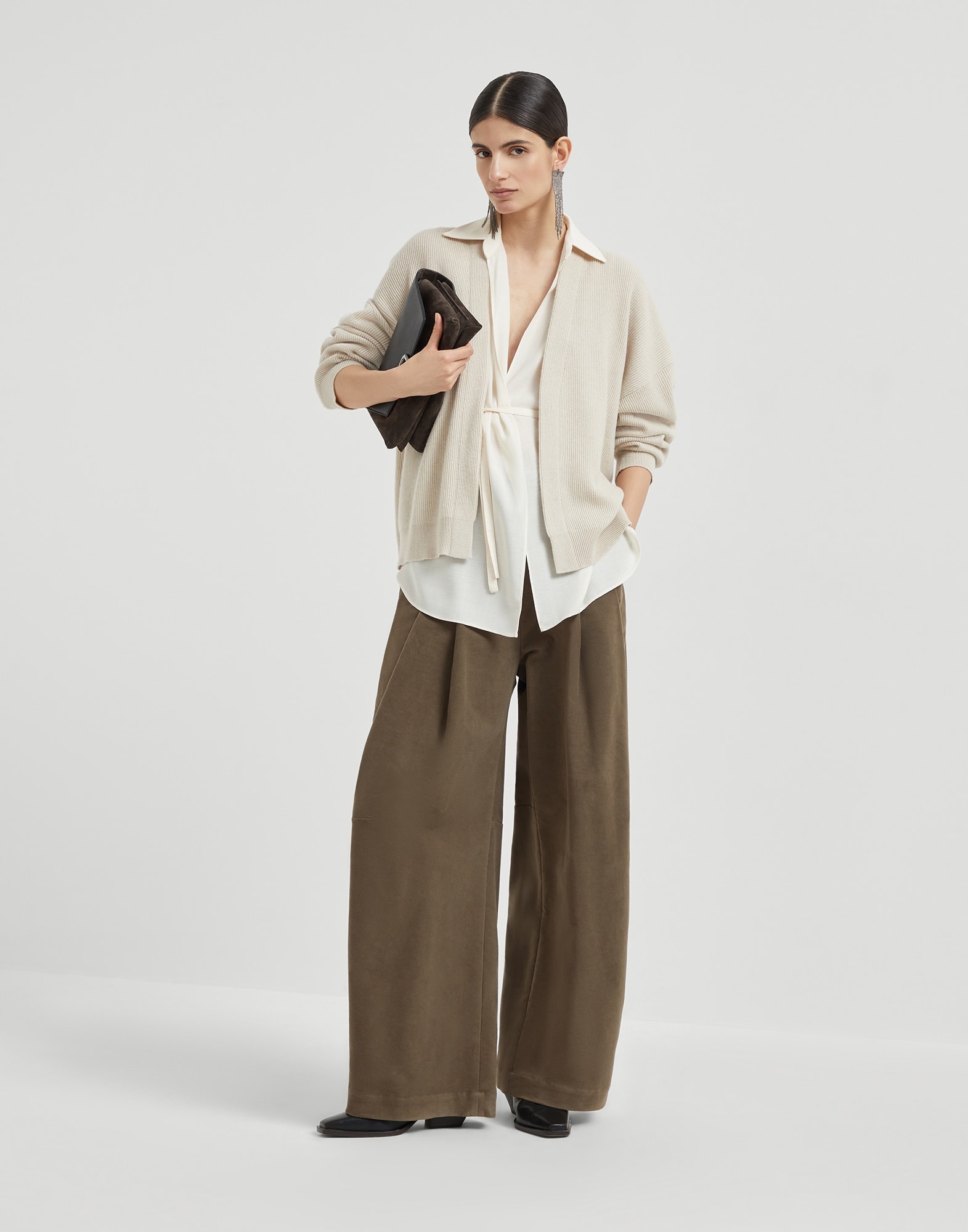 Cashmere English rib cardigan with detachable blouse and monili - 5