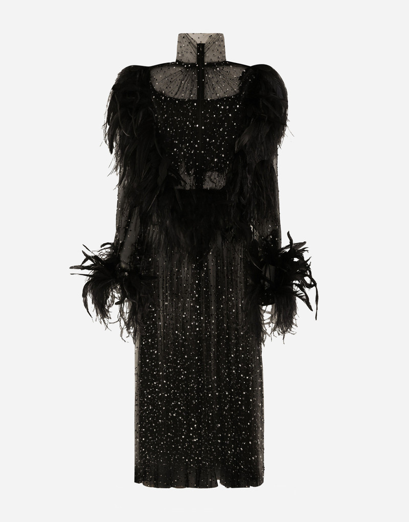 Dolce & Gabbana Calf-length stretch tulle dress with fusible rhinestones and rooster and ostrich feather embellishme outlook