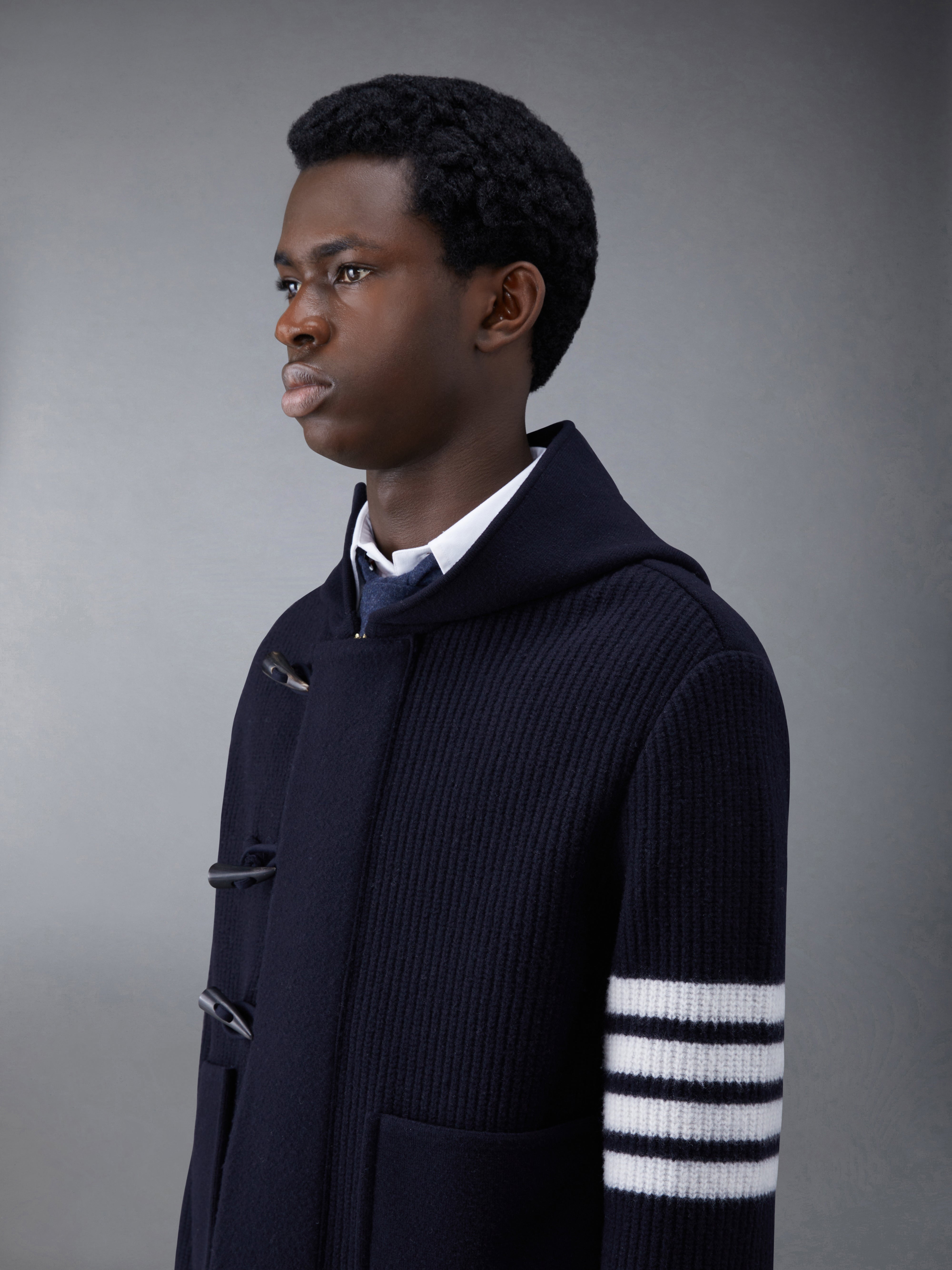 Boiled Wool Half Cardigan Stitch Hooded 4-Bar Duffle Jacket - 4