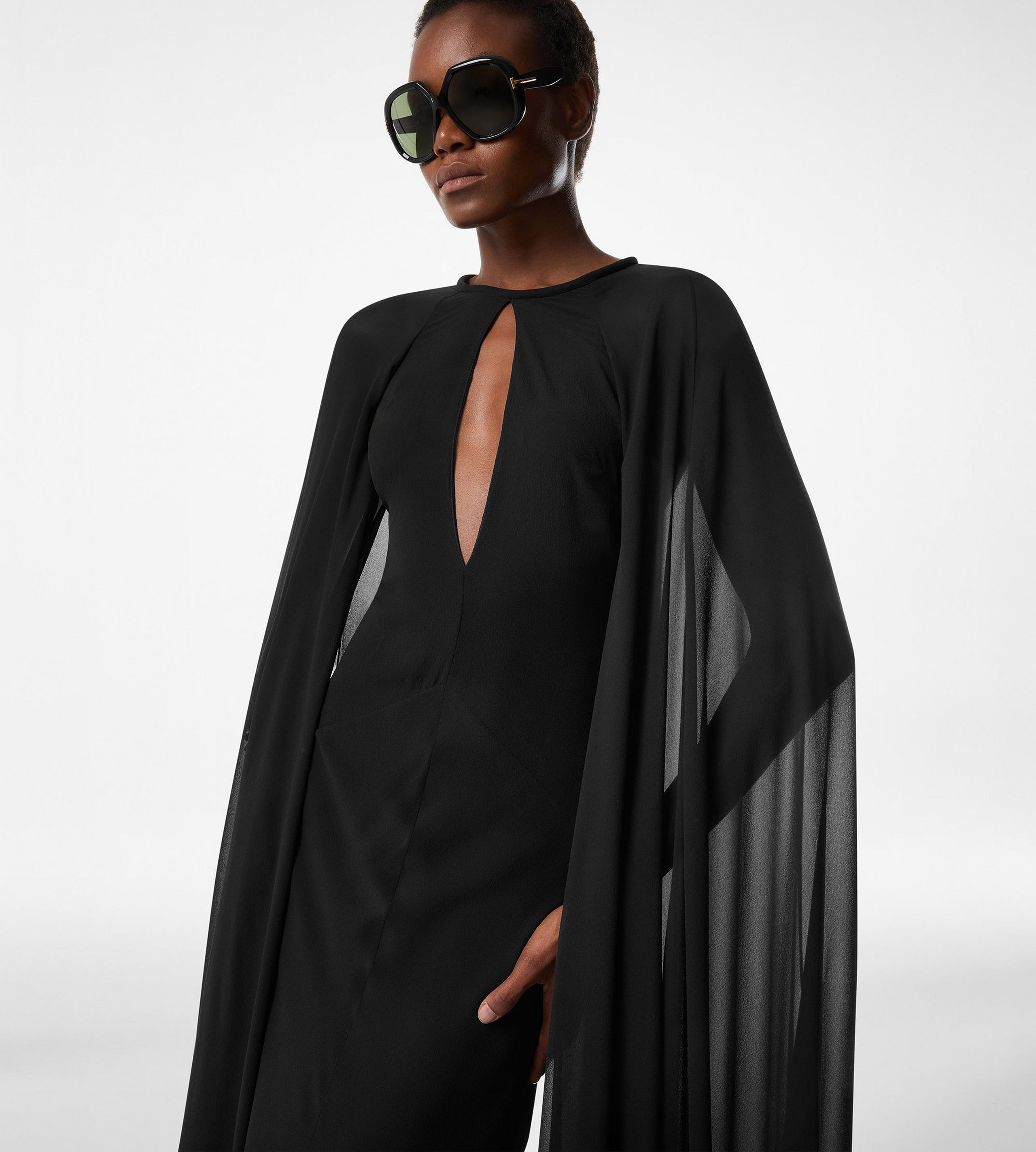EVENING DRESS WITH KEYHOLE NECKLINE AND LONG CAPE SLEEVES - 2
