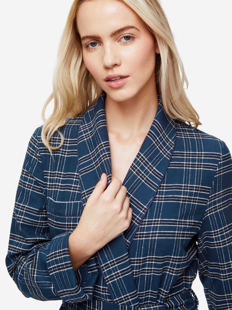 Women's Long Dressing Gown Kelburn 30 Brushed Cotton Navy - 6