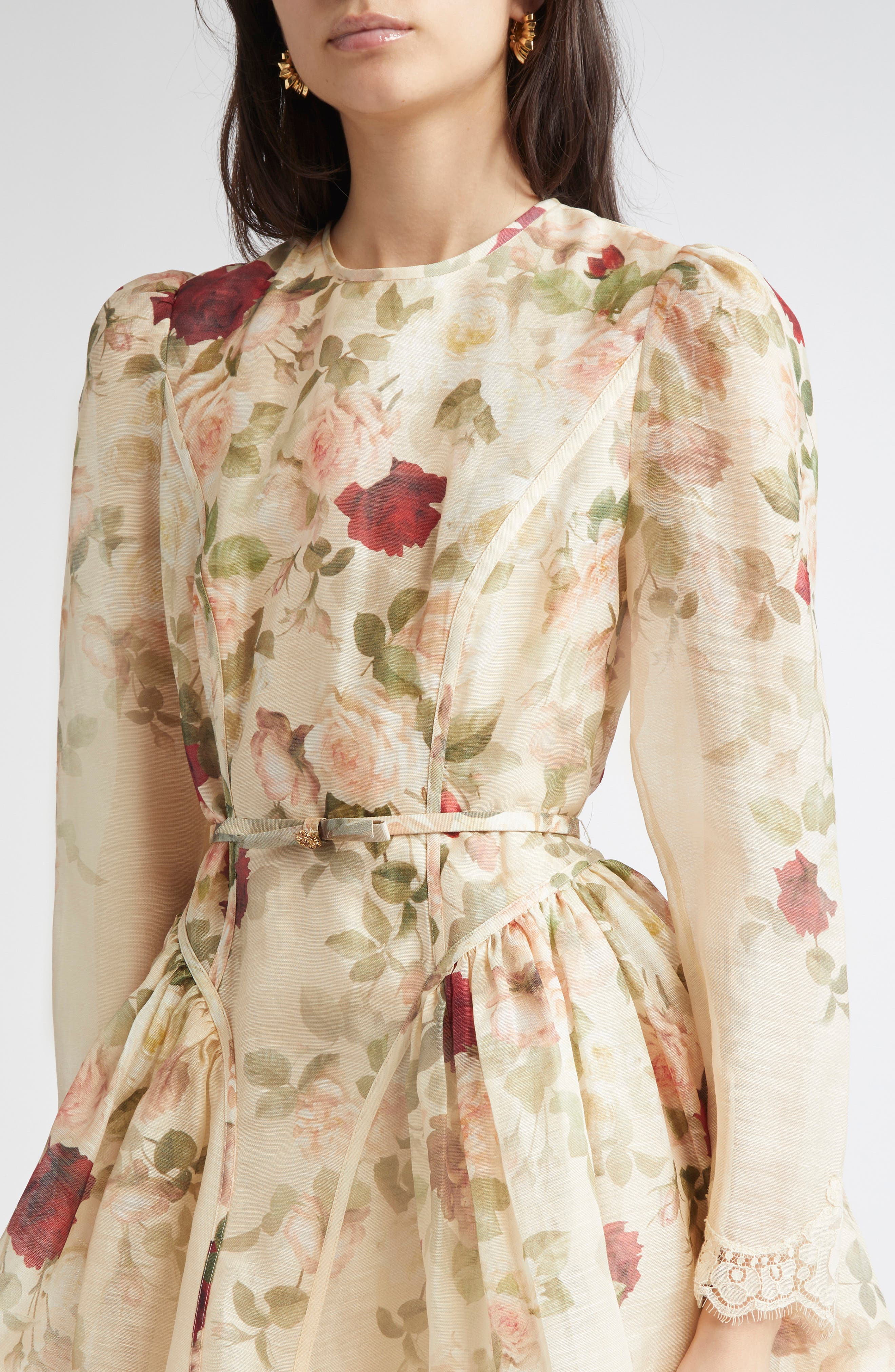 Zimmermann Hypnotic Lace Trim Long Sleeve Belted Linen & Silk Minidress in Cream Cascade at Nordstro - 4