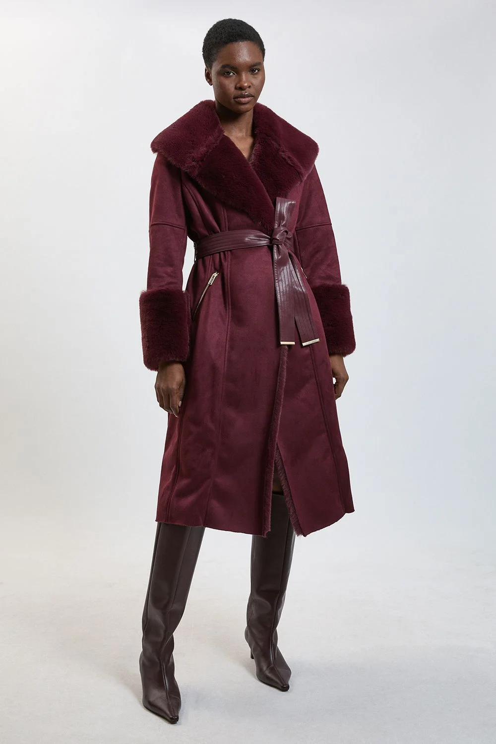 Faux Shearling Collar & Cuff Belted Midi Coat - 1