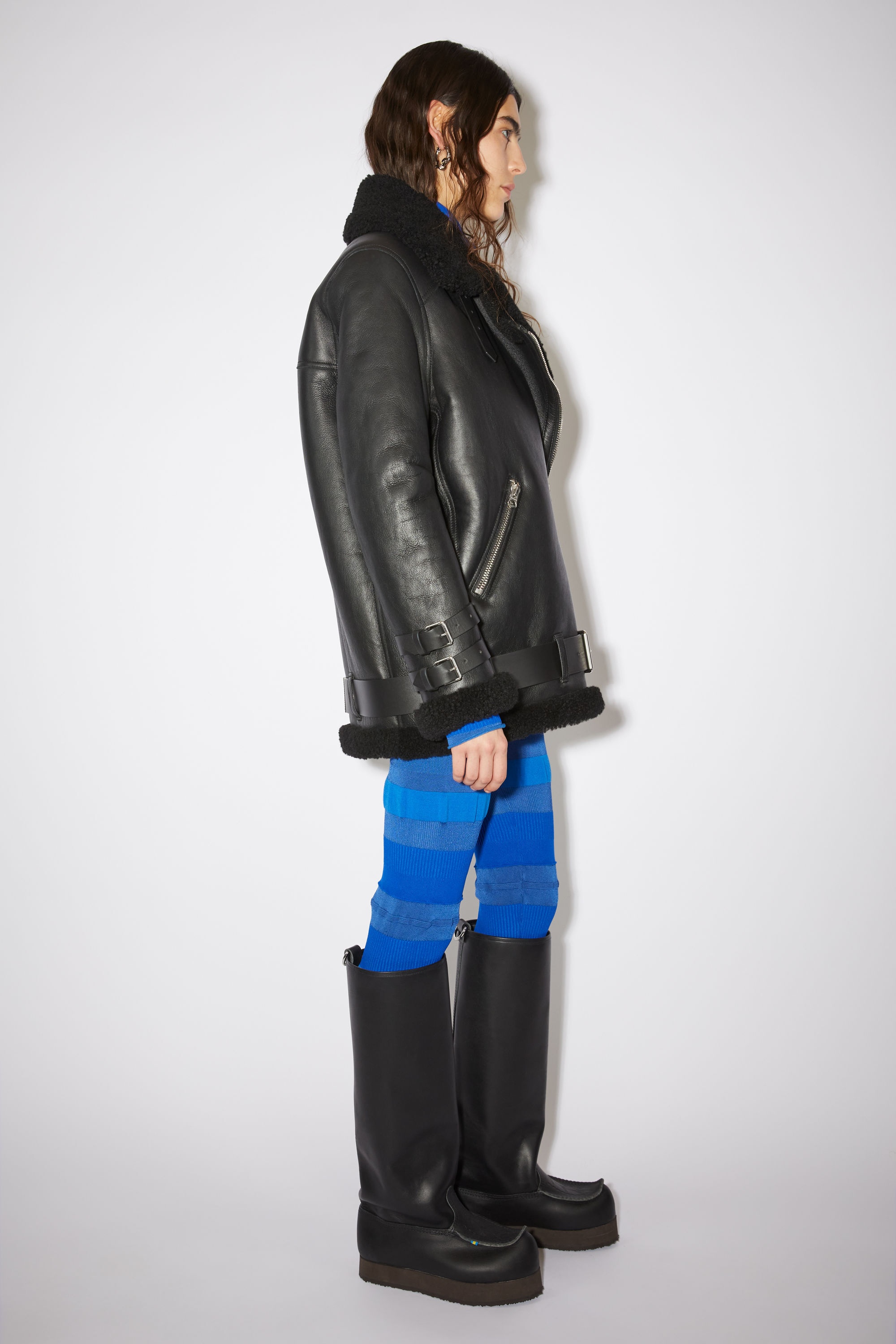 Leather shearling jacket - Black / Black - 4