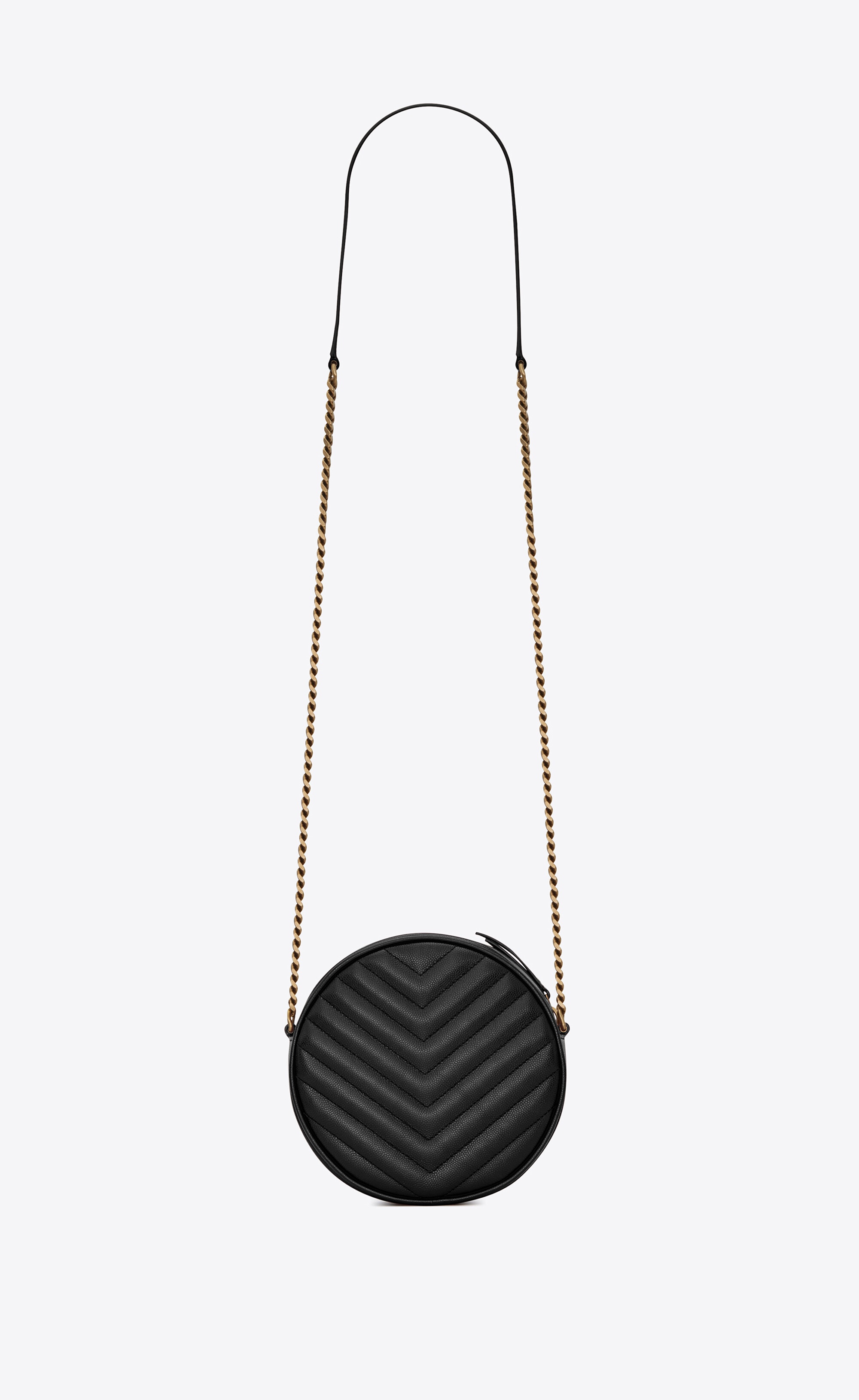 SAINT LAURENT vinyle round camera bag in chevron quilted grain de poudre embossed leather REVERSIBLE