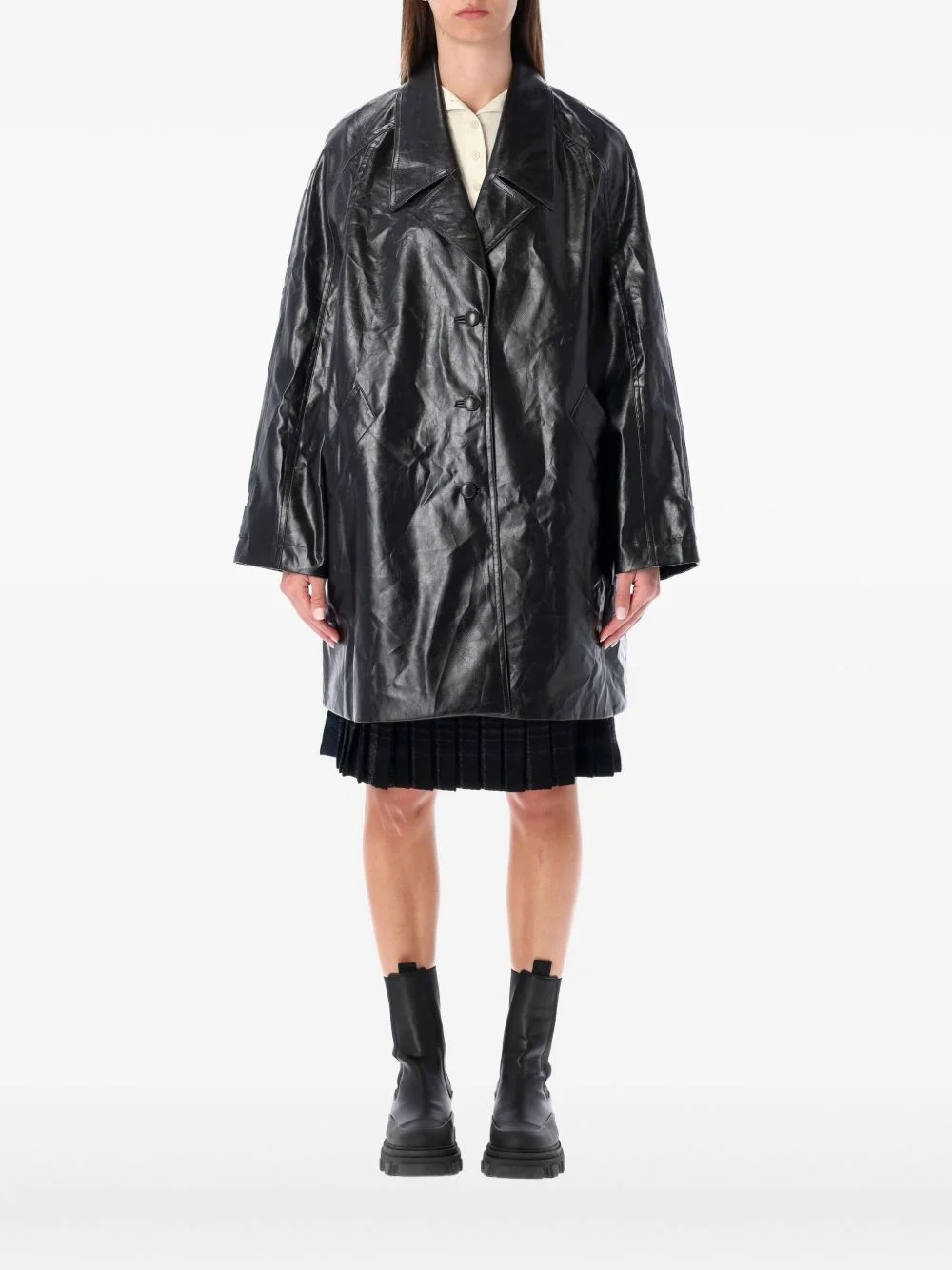 single-breasted faux-leather coat - 1