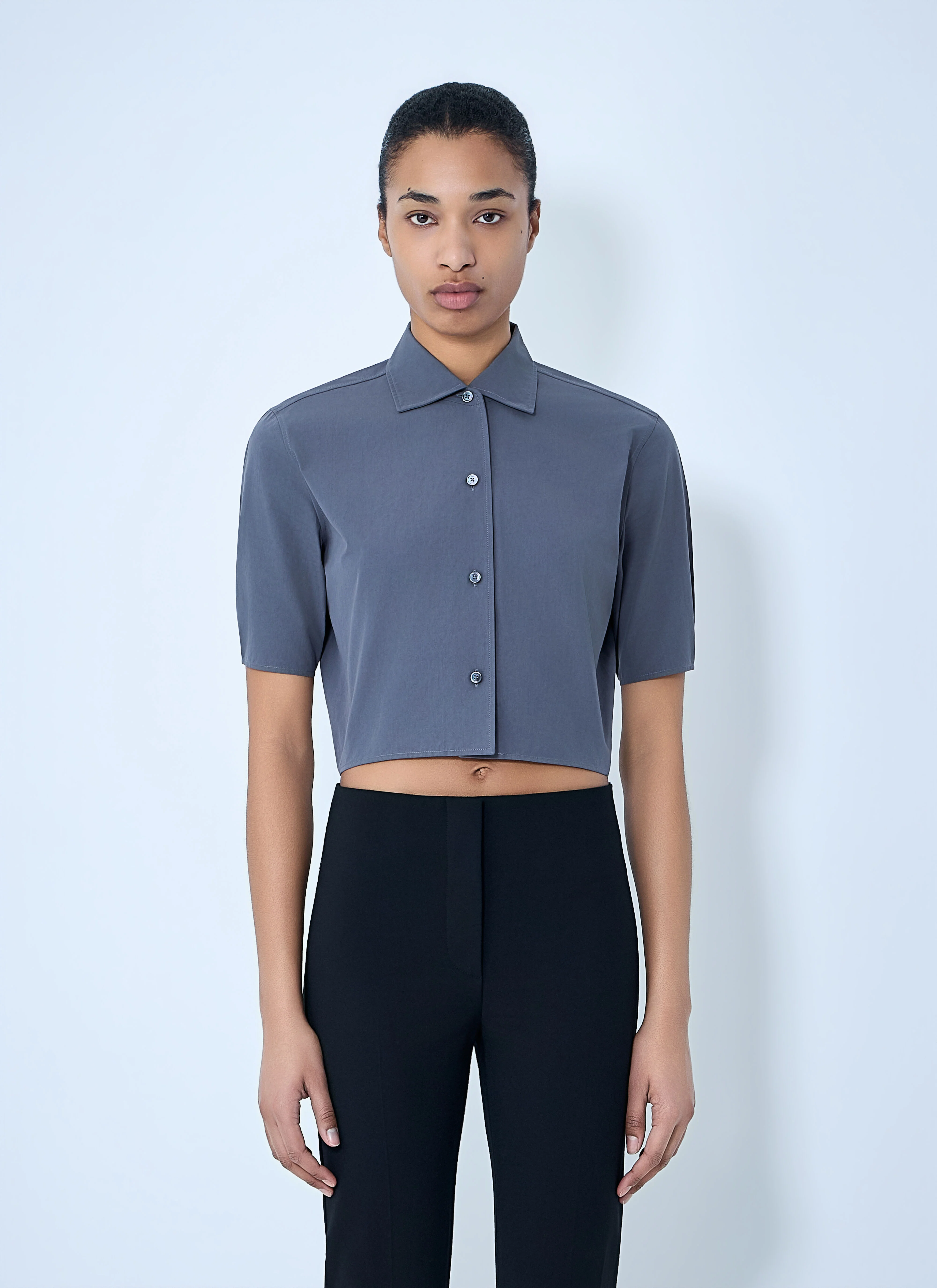 Short-Sleeve Button-Down Crop Shirt - 1