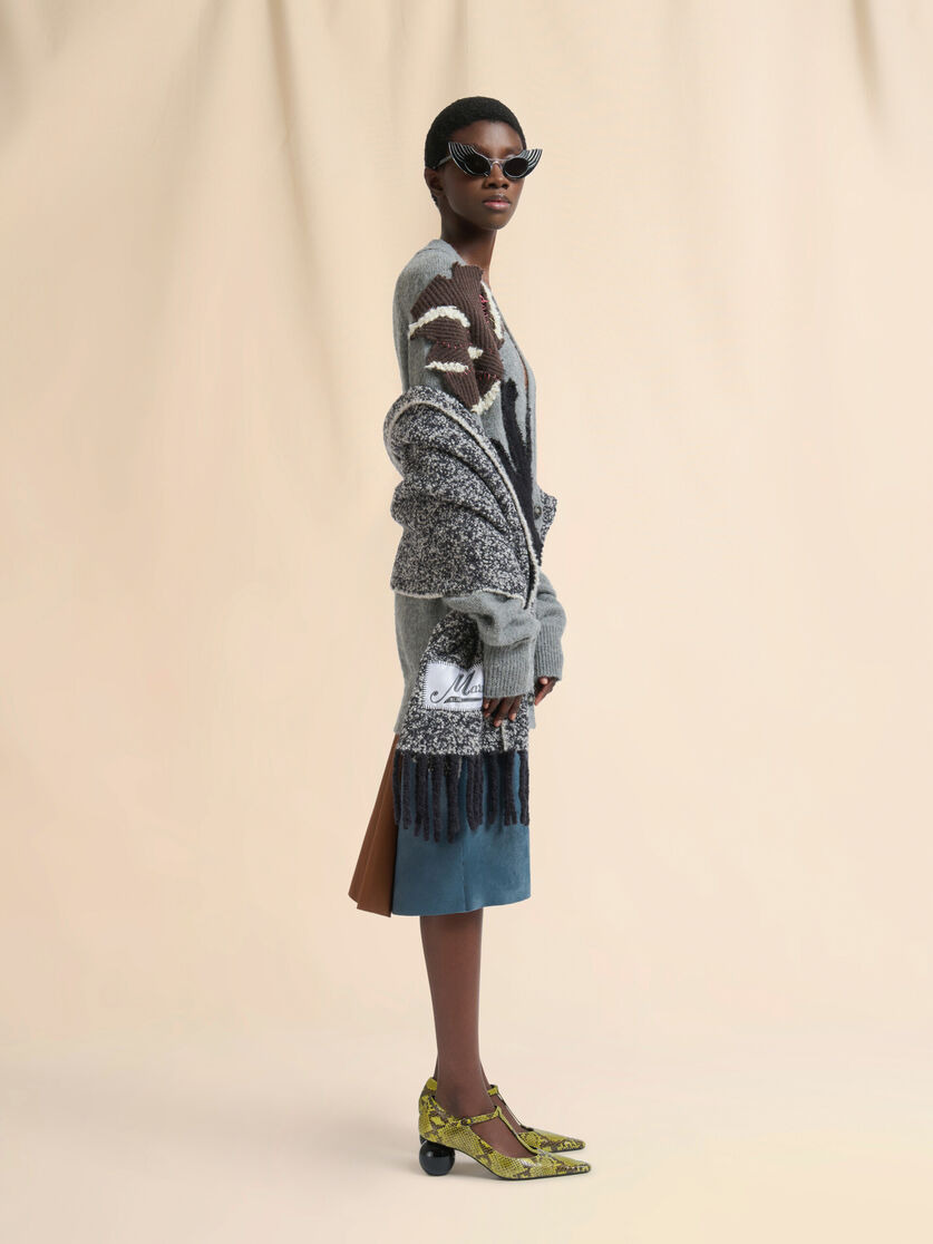 GRAY ALPACA WOOL CARDIGAN WITH FLOWER PATCH - 5