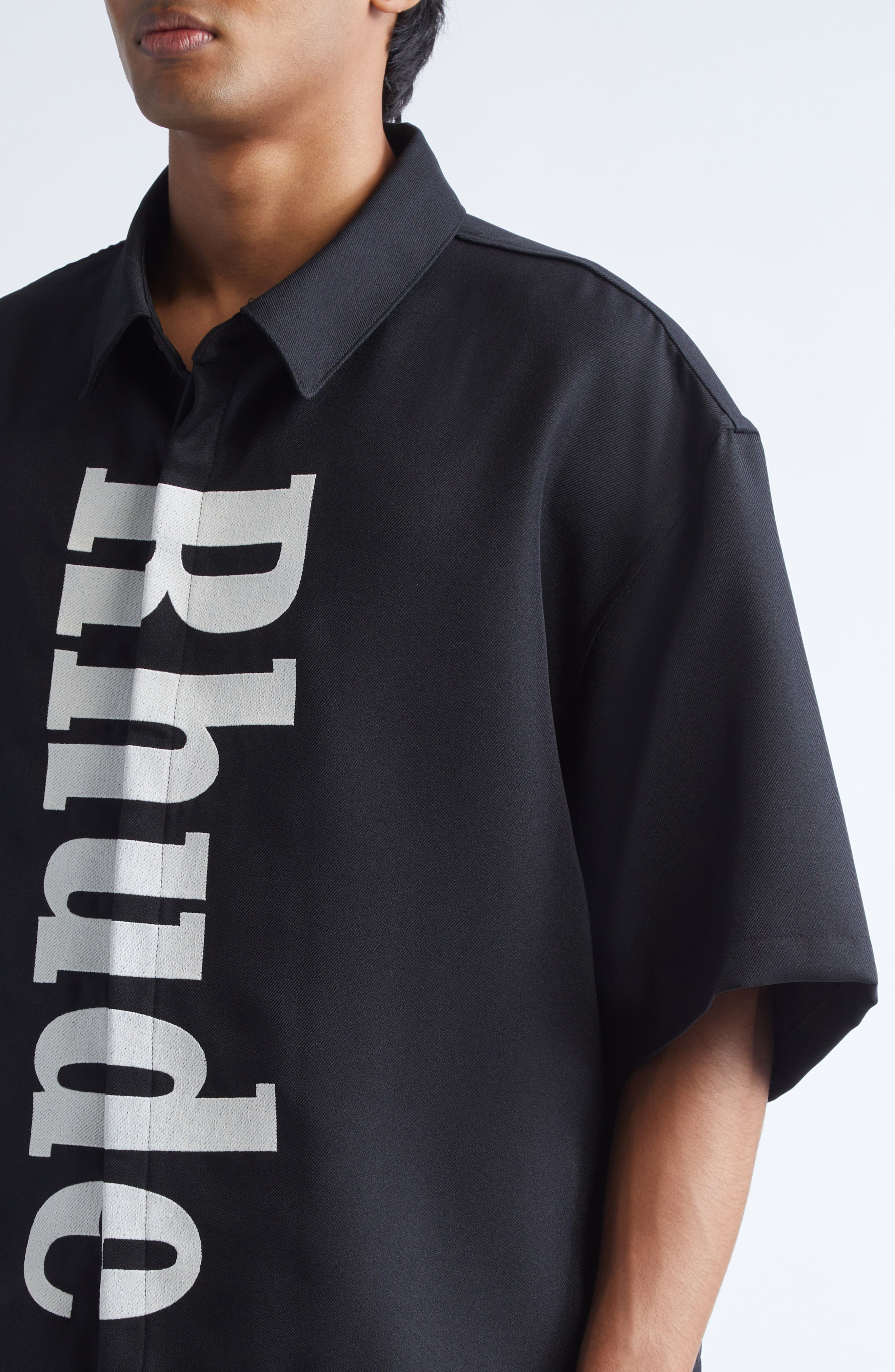 Rhude Center Logo Wool Gabardine Button-Up Shirt in Black /White 3028 at Nordstrom - 4