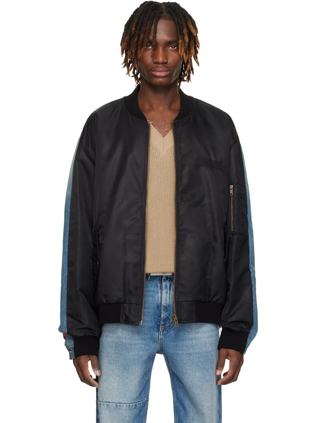Black Sports Denim Bomber Jacket - 1